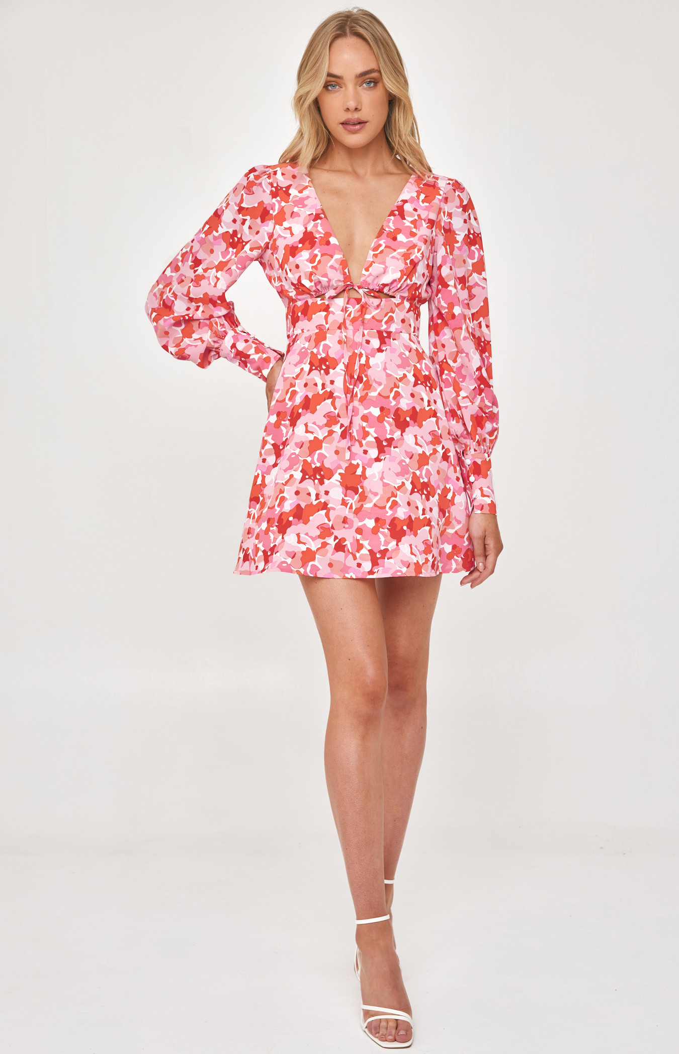 Floral Printed Drawstring Tie Front Dress (WDR469A)