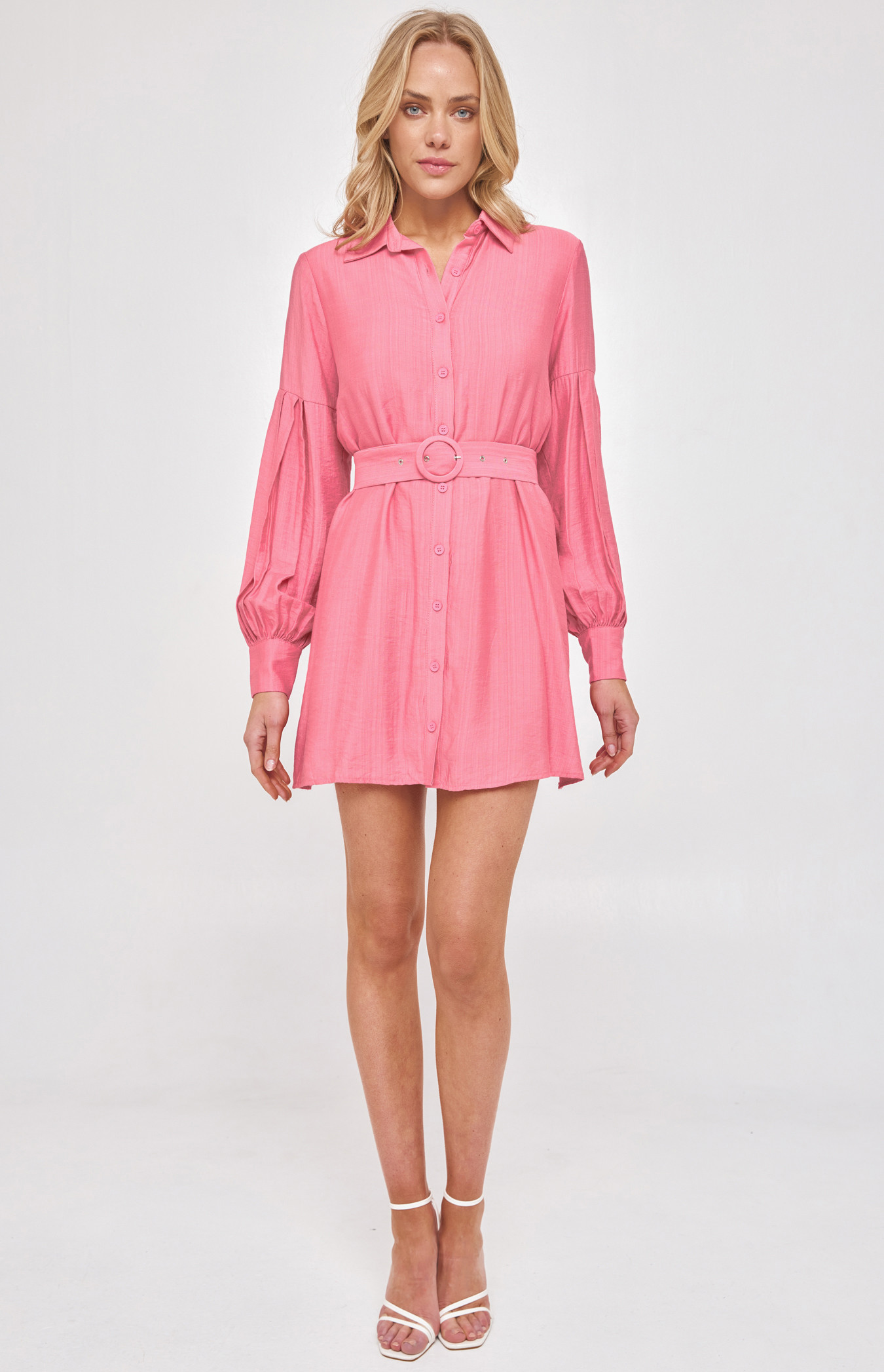 Pleated Bubble Sleeve Shirt Dress and Self Fabric Buckle (WDR488B) 