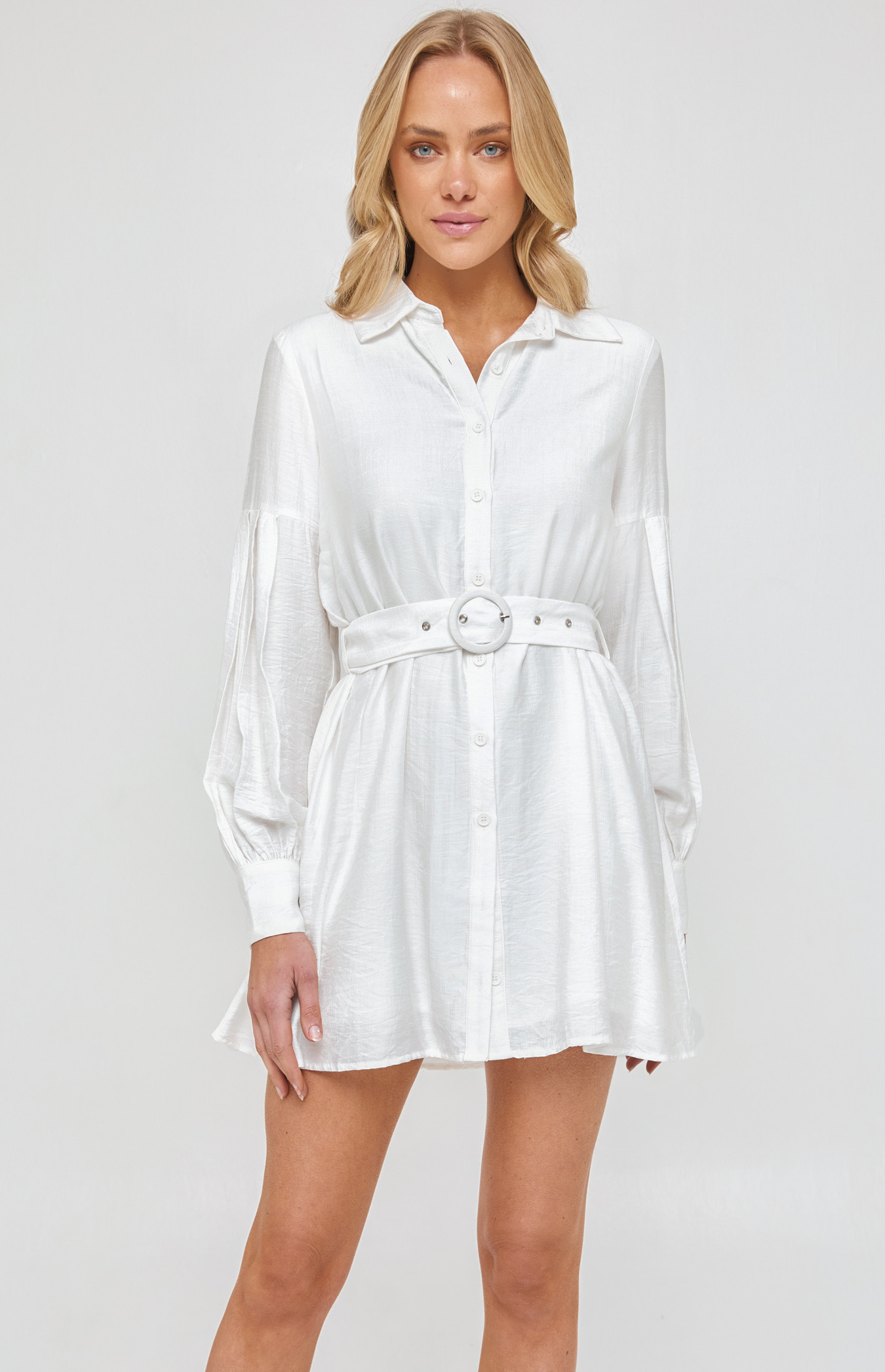 Pleated Bubble Sleeve Shirt Dress and Self Fabric Buckle (WDR488B) 