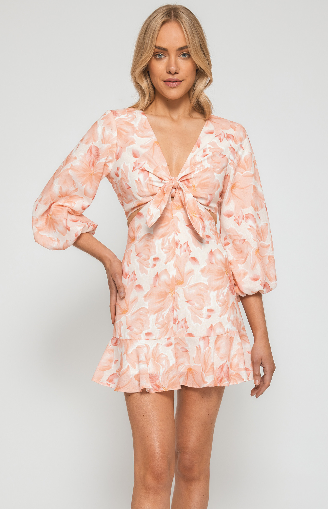 Floral Dress with Front Tie and Cut Out Details (WDR499A)