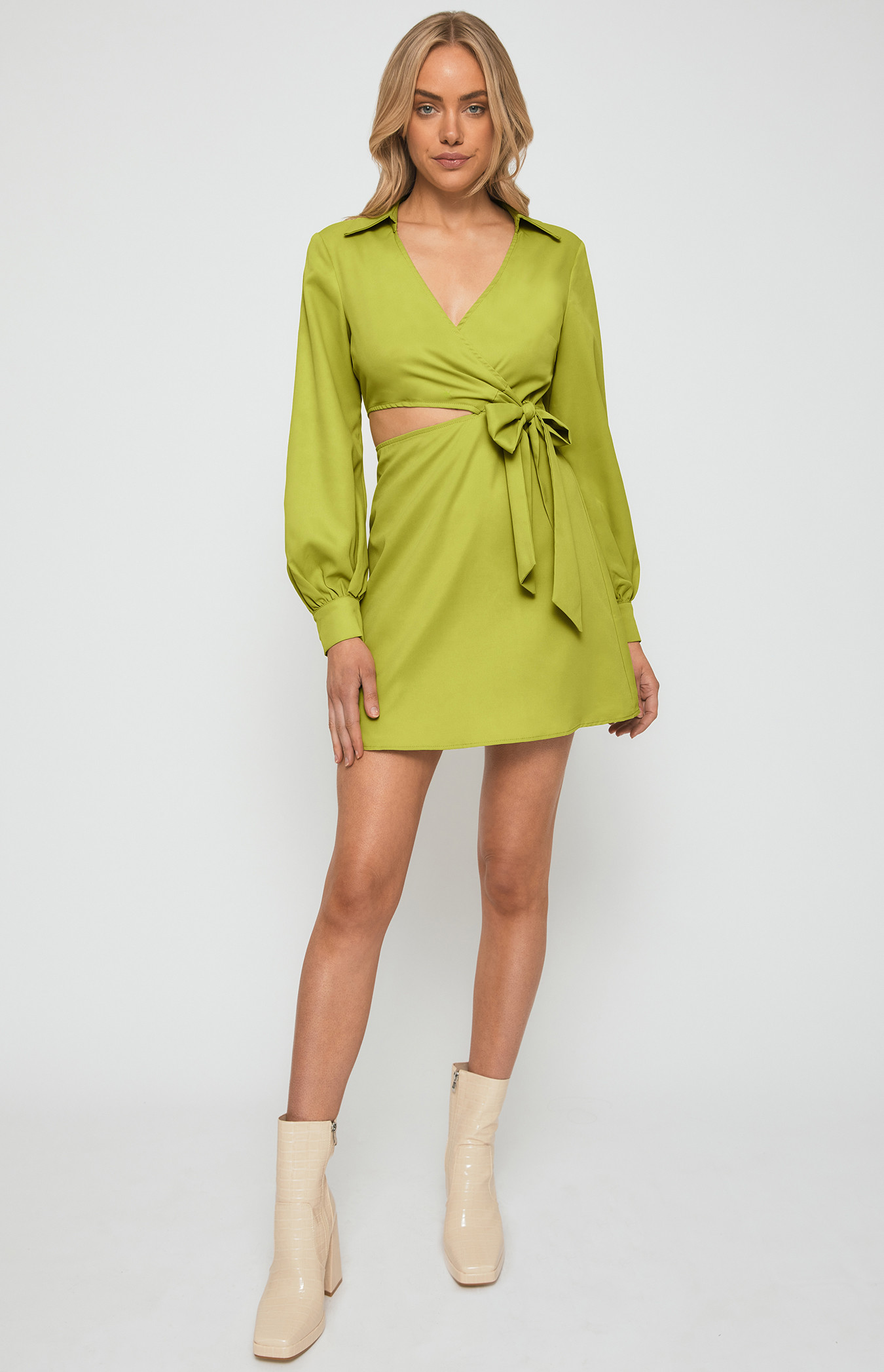 Faux Wrap Shirt Dress with Side Cut Out Detail (WDR508B)
