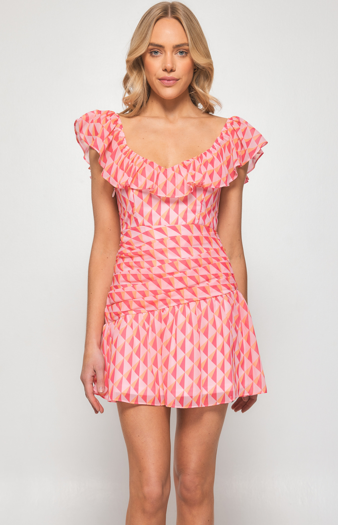 Geometric Print Pleated Front Dress with  Frill Neckline (WDR535A)