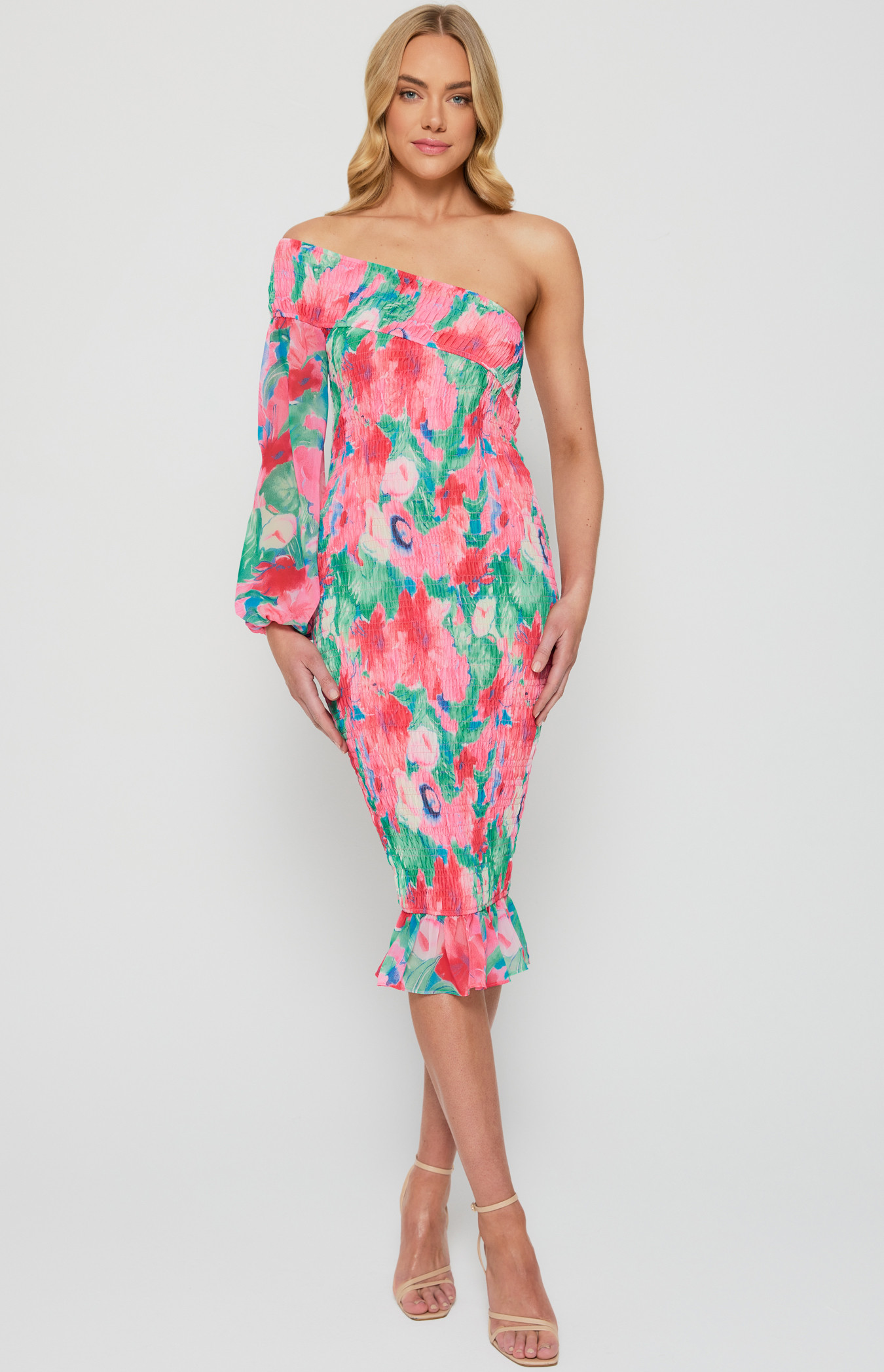 One Shoulder Floral Print Shirred Midi Dress (WDR608B)