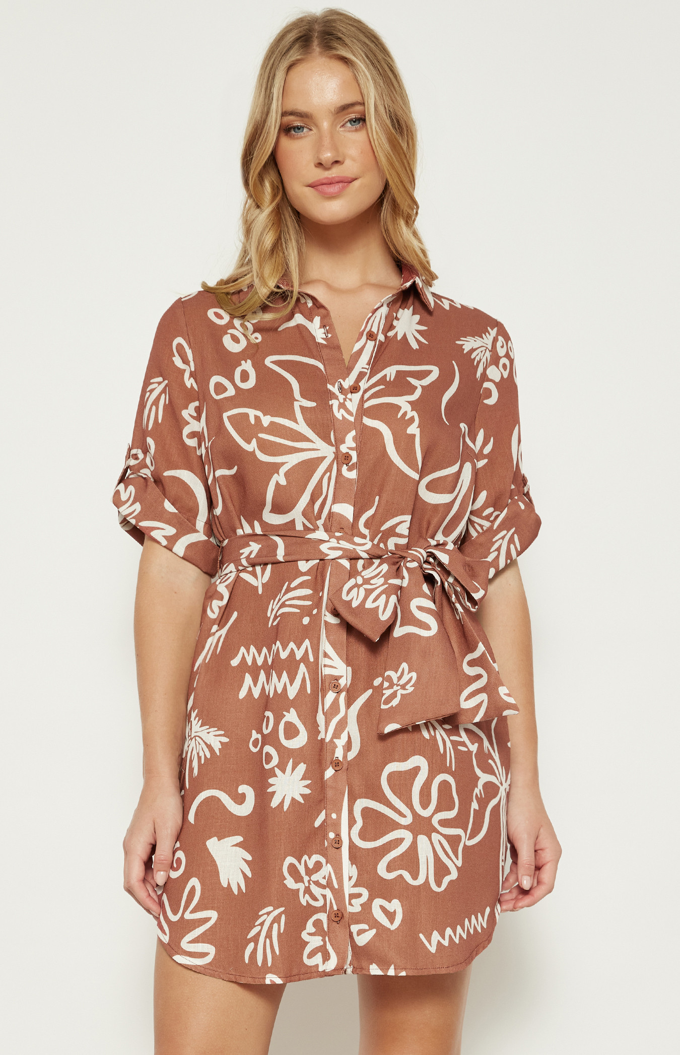 Faux Linen Abstract Print Shirt Dress with Belt (WDR677B)