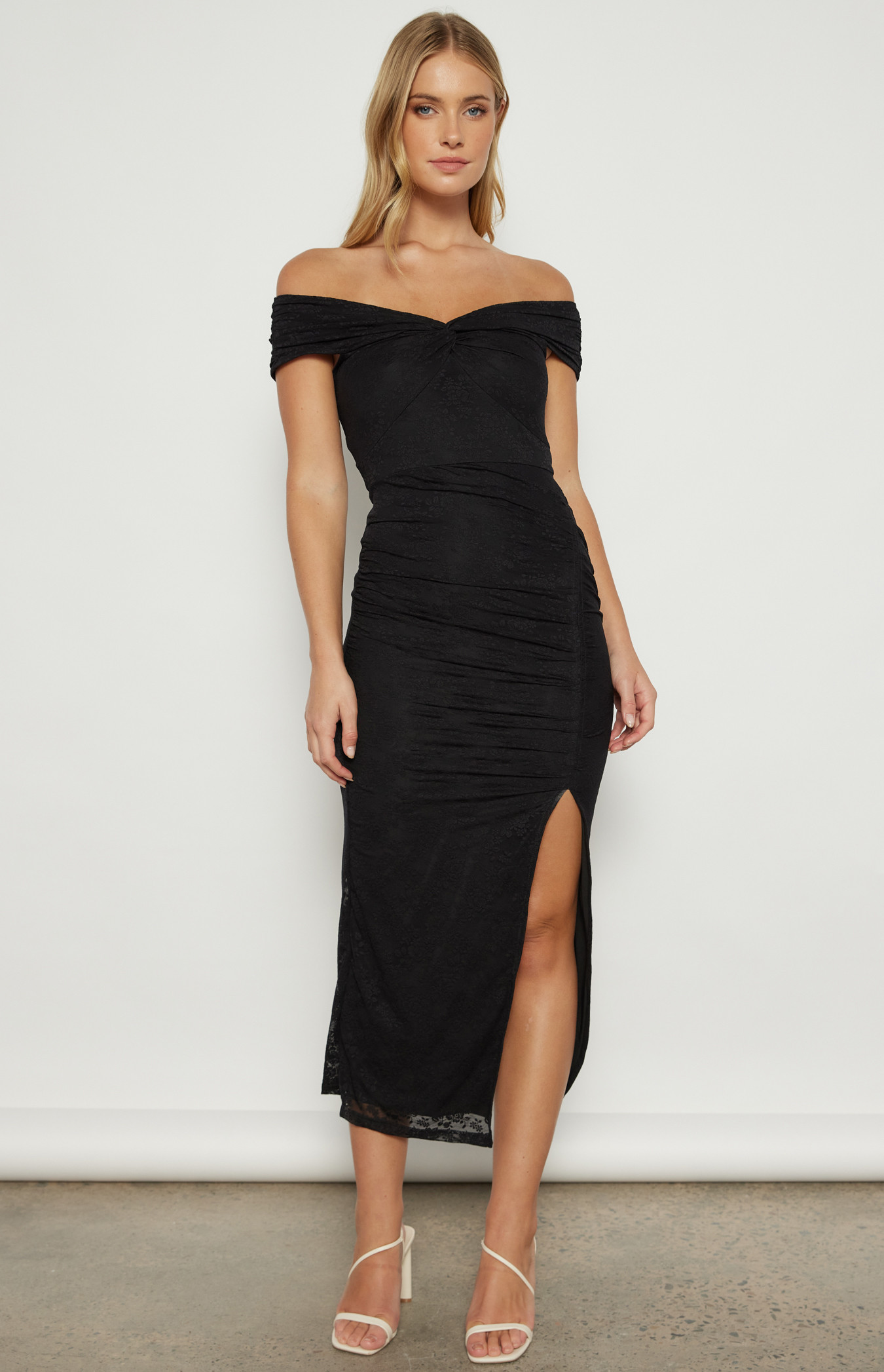 Off Shoulder Lace Dress with Front Knot Feature (WDR688A)