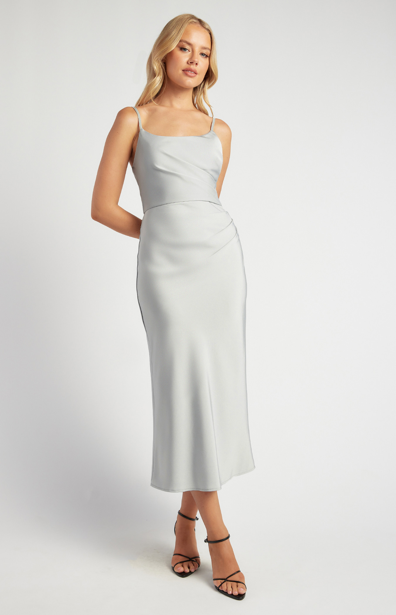 Pleated Details Satin Midi Dress (WDR717A)
