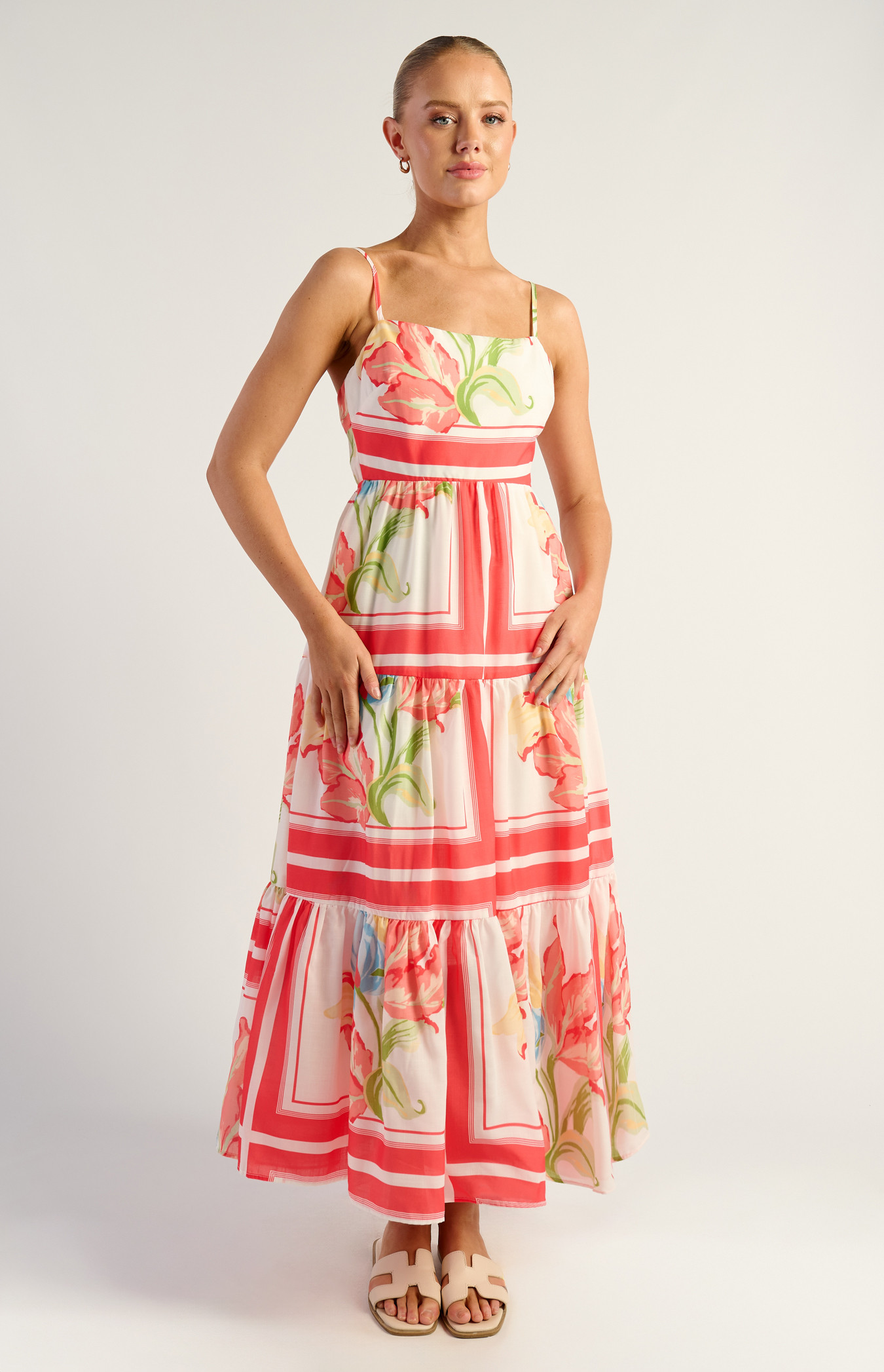  Floral Tiered Midi Dress With Tie Back Detail (WDR729-2A)