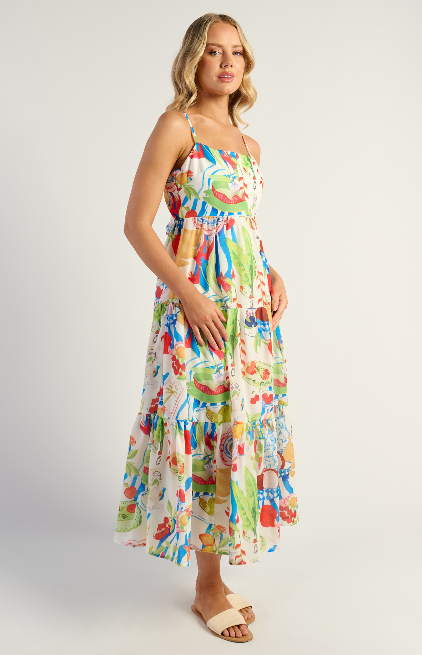 Fiesta Print Tiered Midi Dress With Tie Back Detail (WDR729-3A) 