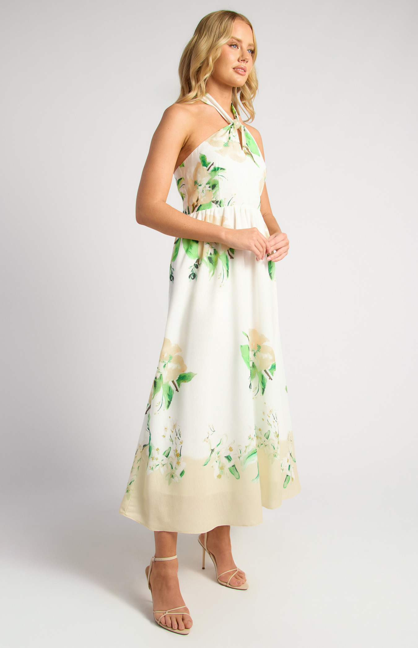 Faux Linen Marble Bead Halter Neckline Floral Midi Dress (WDR757-2B)