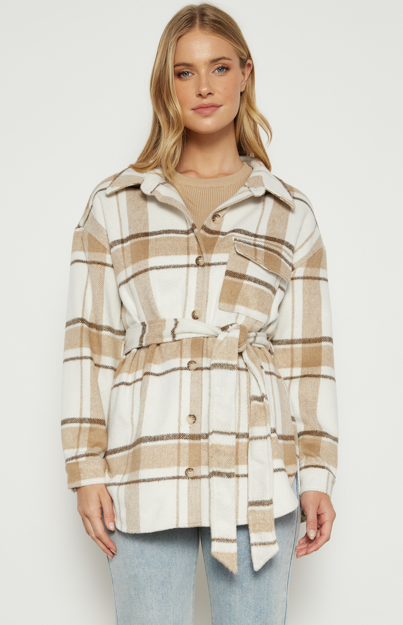 Double Take Checkered Button Up Denim Jacket main image 1