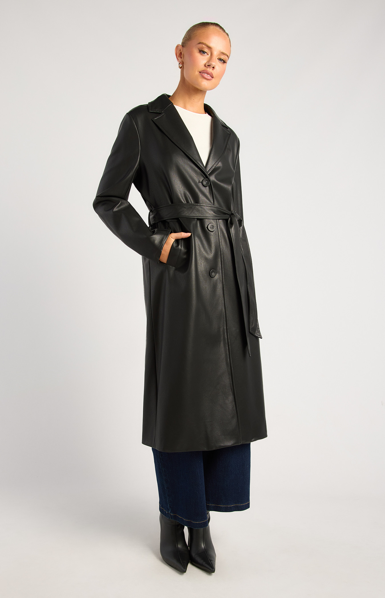 Faux Leather Longline Coat with Belt (WJT233A)