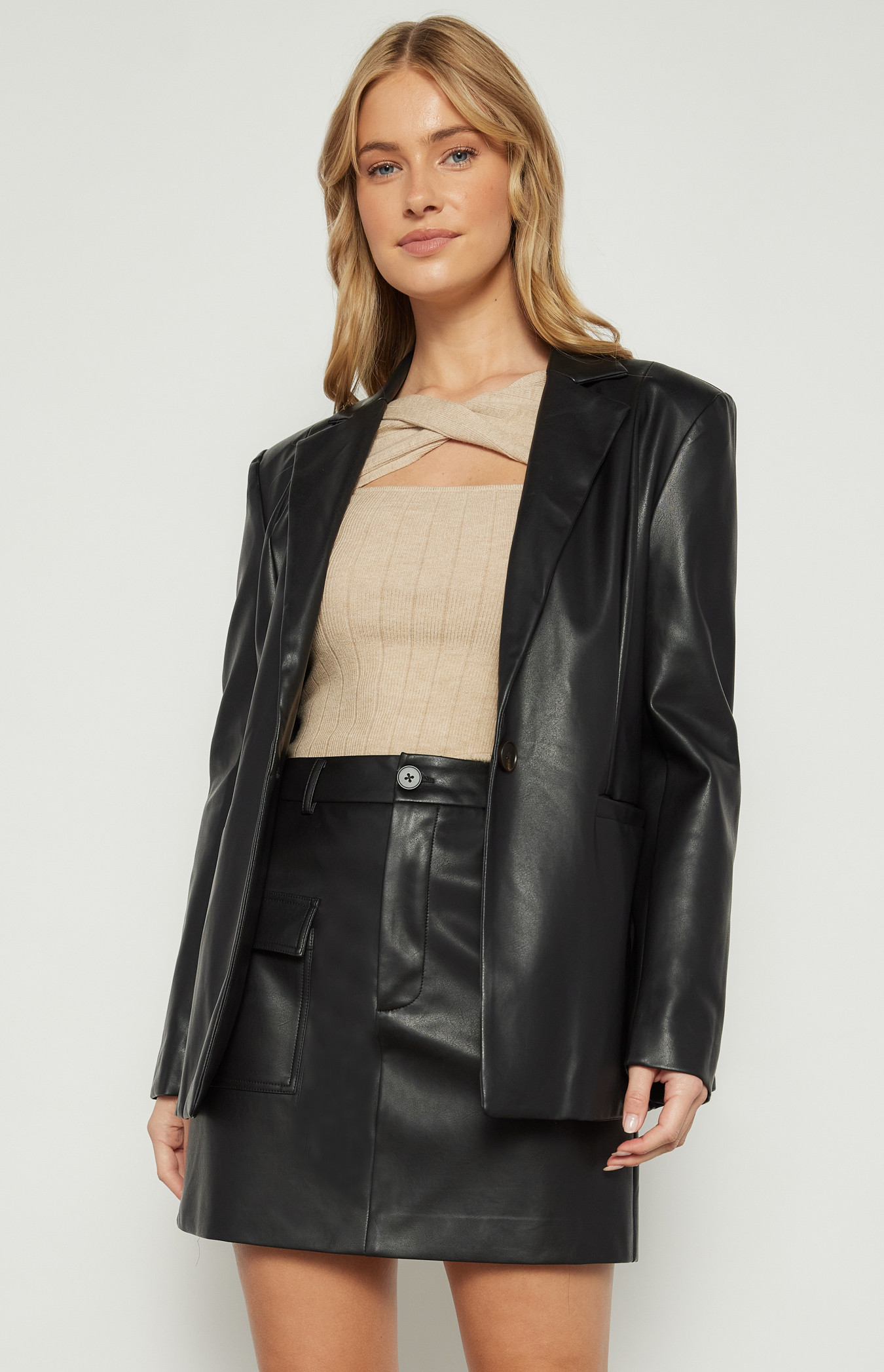  Faux Leather Blazer with Front Pockets (WJT236A)