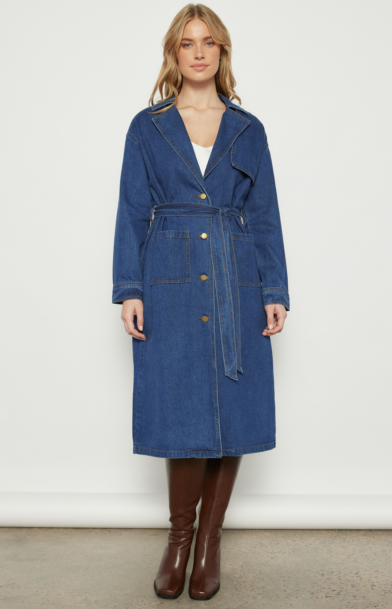 Long Line Denim Coat with Patch Pocket Details (WJT238A)