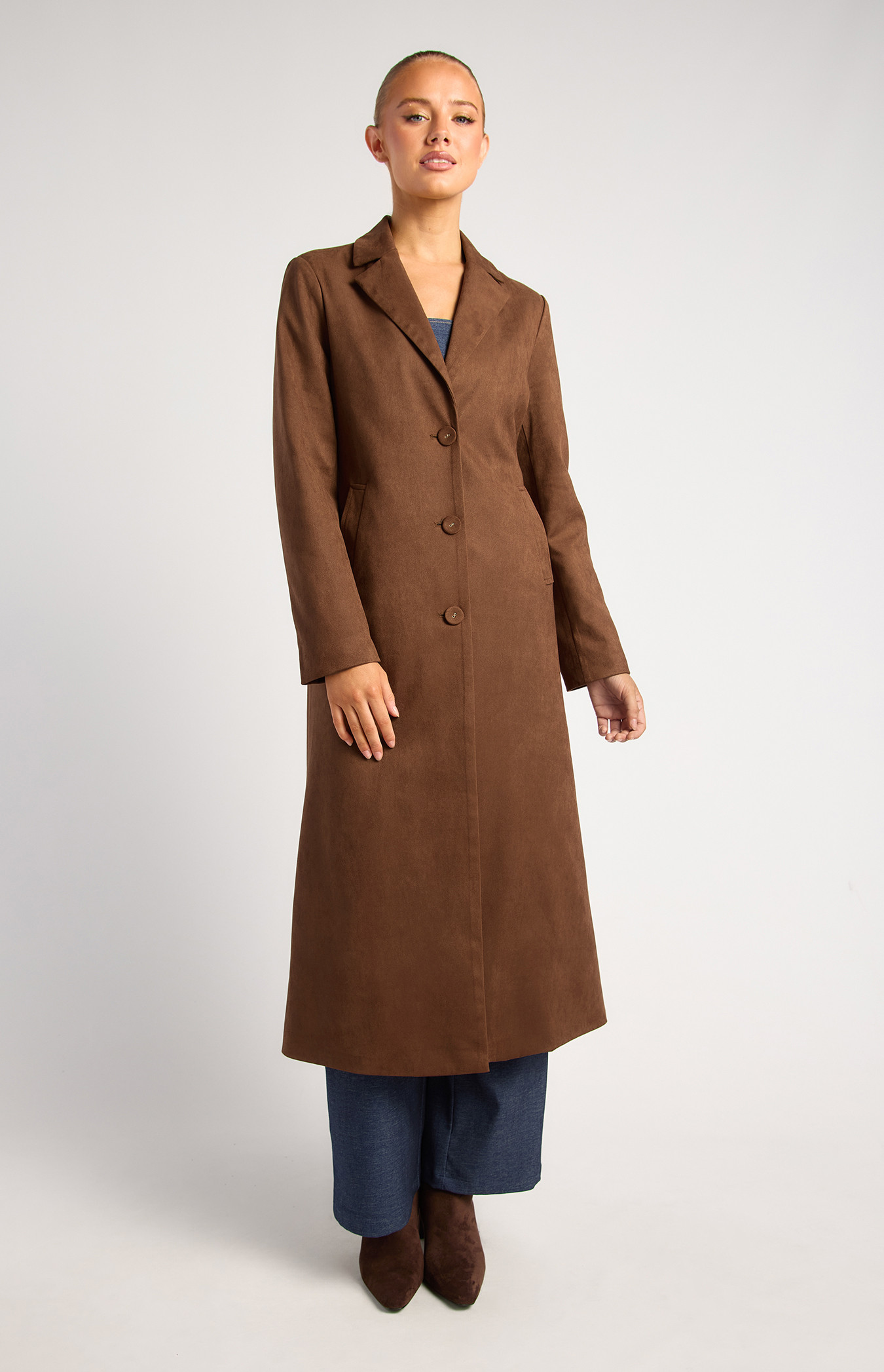 Longline Suede Coat With Adjustable Waist Buckle (WJT256B)