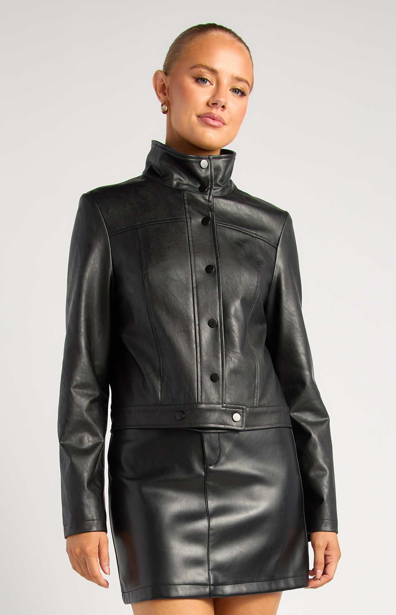 Faux Leather Funnel Neck Biker Jacket (WJT259B)