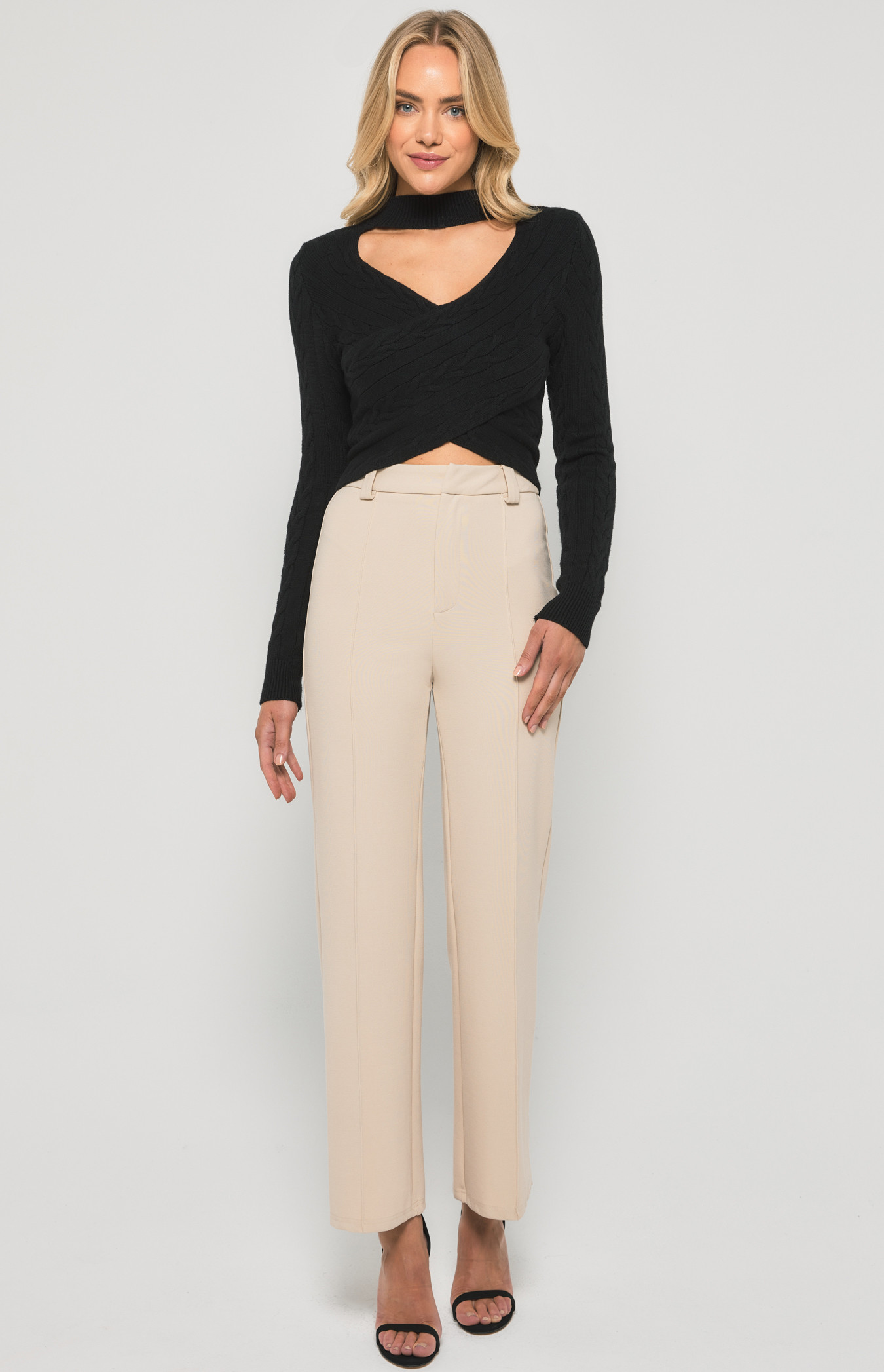 Choker Neckline Cable Knit Cross Front Top (WKN365)