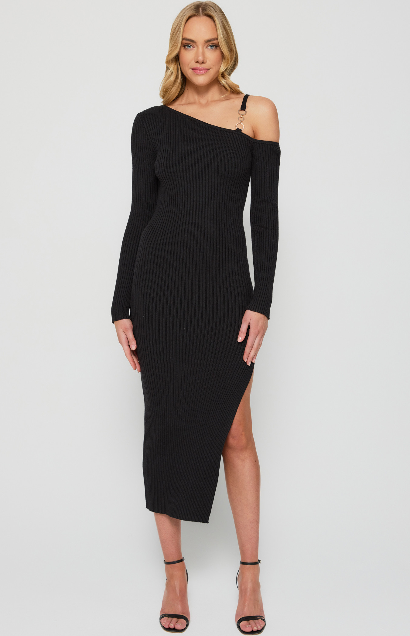 Knit Midi Dress with Gold Buckle Shoulder Detail (WKN548)