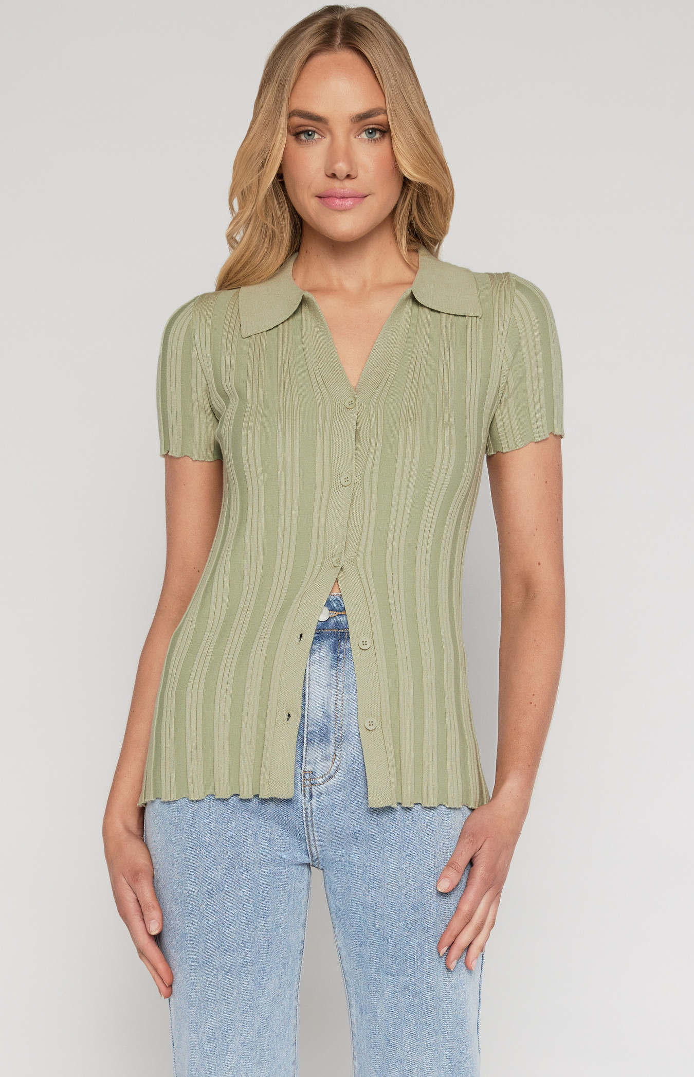 Wide Ribbed Collared Knit Top (WKN582)