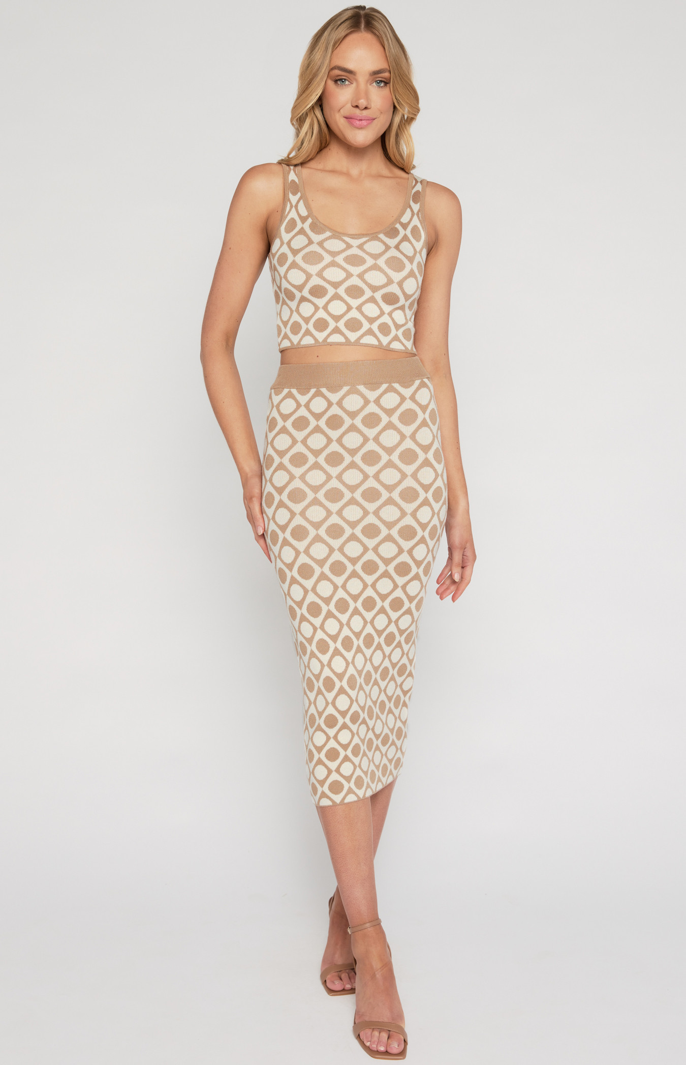 Geo Print Knit Set with Top and Midi Skirt (WKN595)