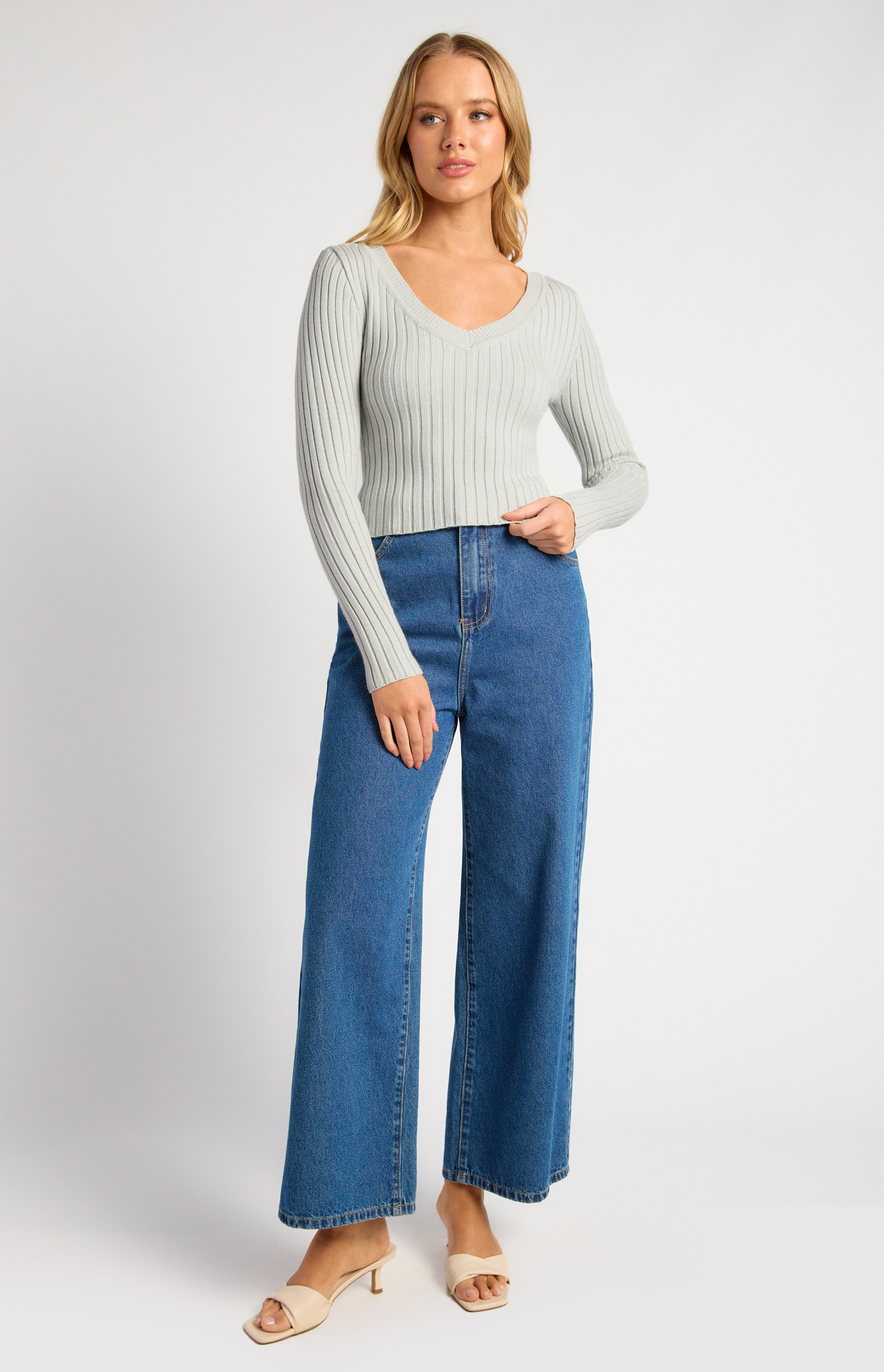 V Neckline Wide Rib Knit Top (WKN652)