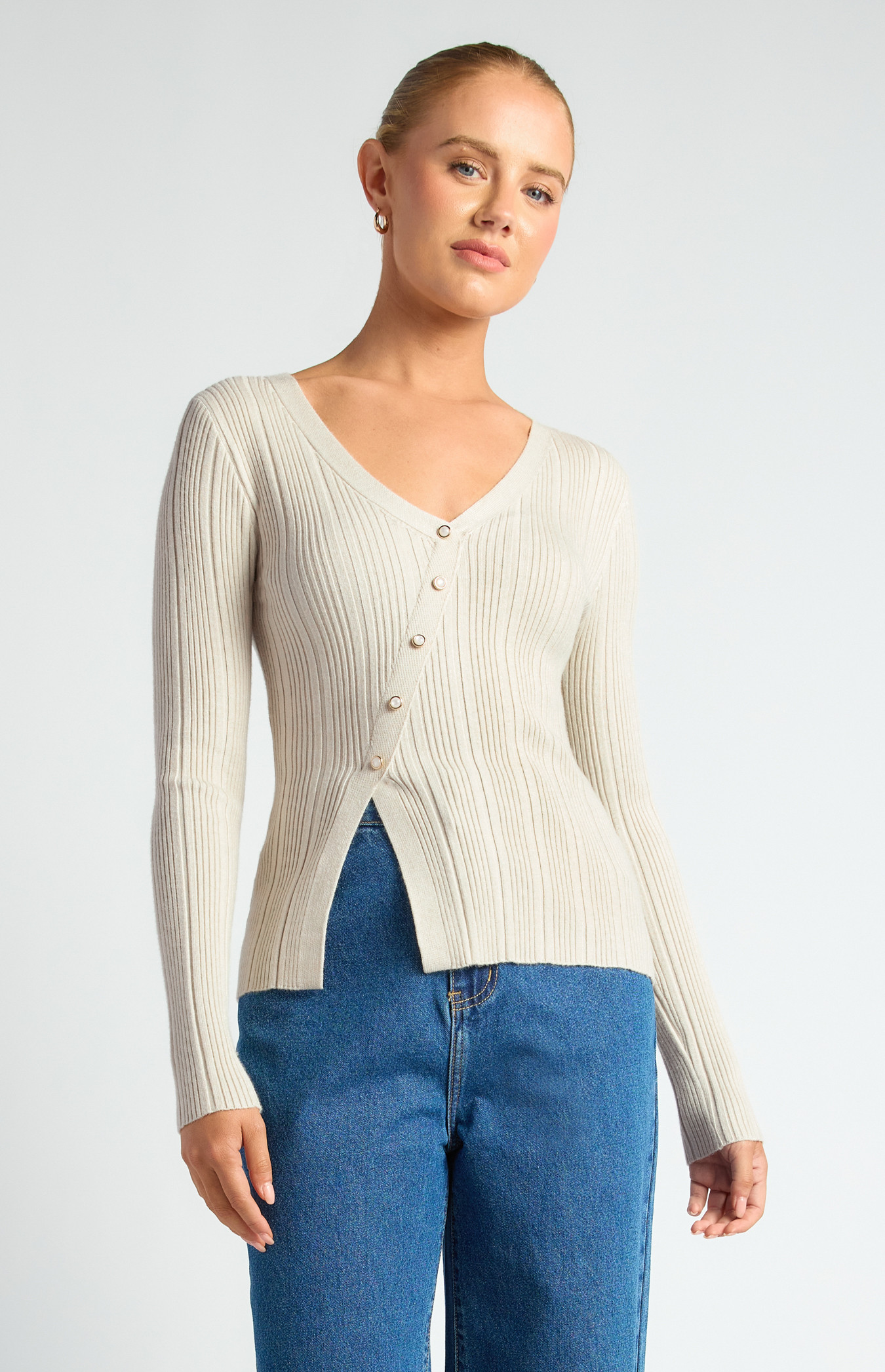 Asymmetric Pearlescent Button Detail Knit Top (WKN772)
