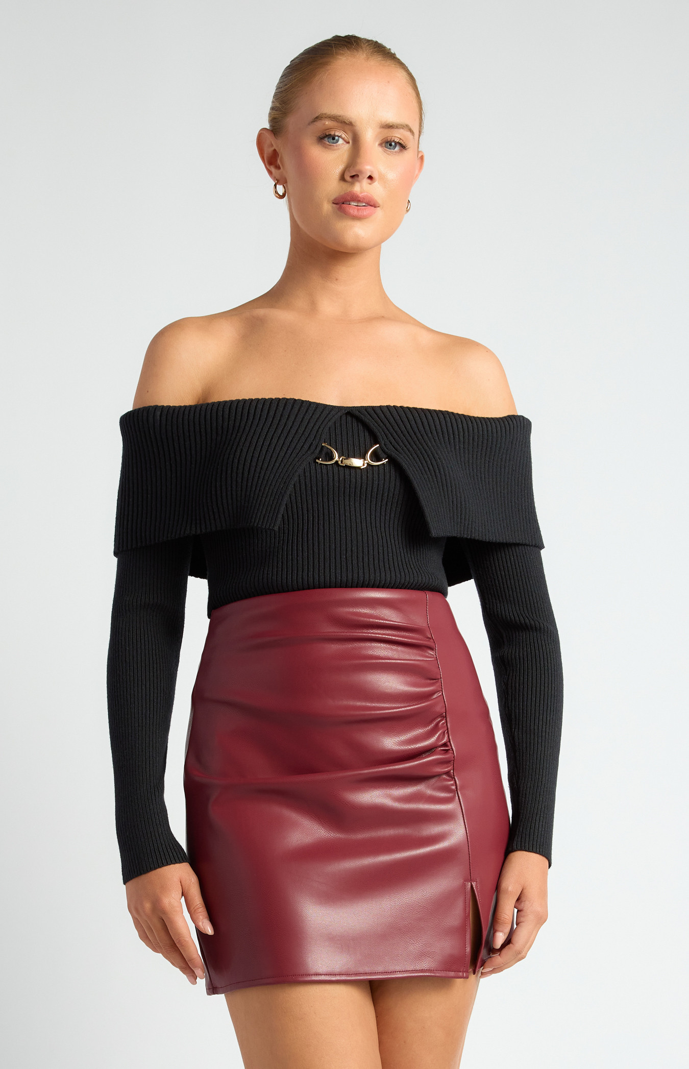 Off the Shoulder Knit Top with Gold Buckle Detail (WKN776)