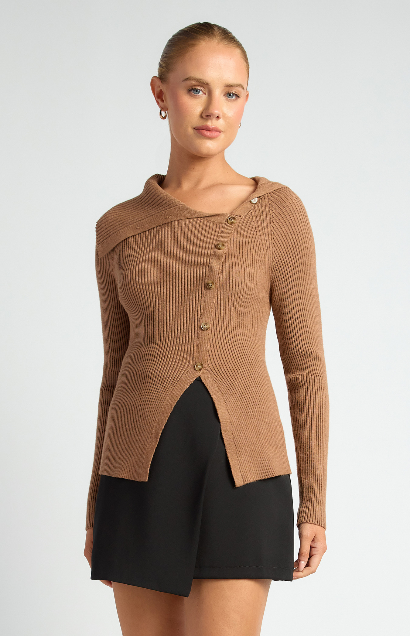 Draped Neckline Asymmetrical Button Knit Top (WKN800)