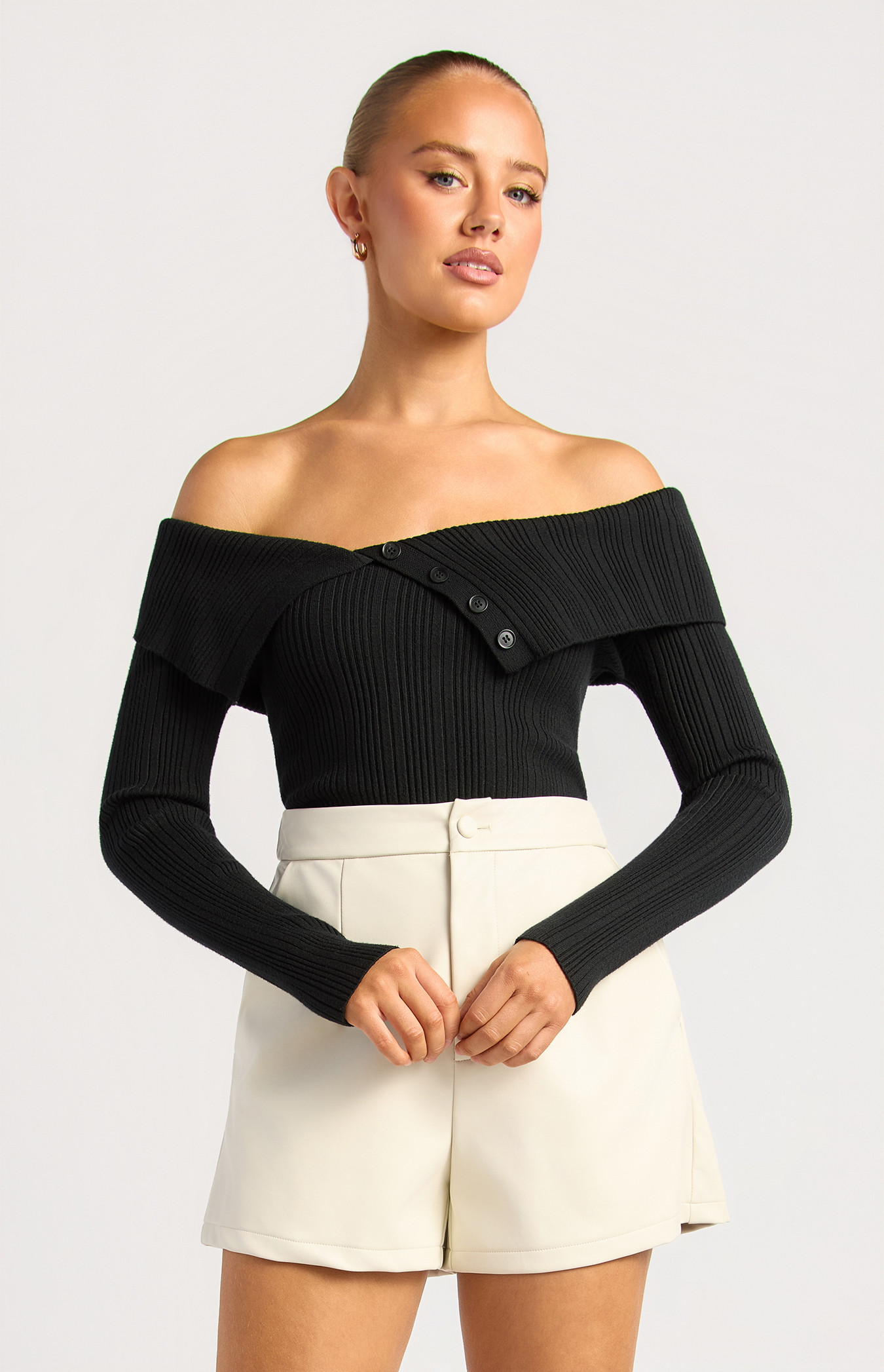 Off Shoulder Unbuttoned Neckline Detail Knit Top (WKN857)