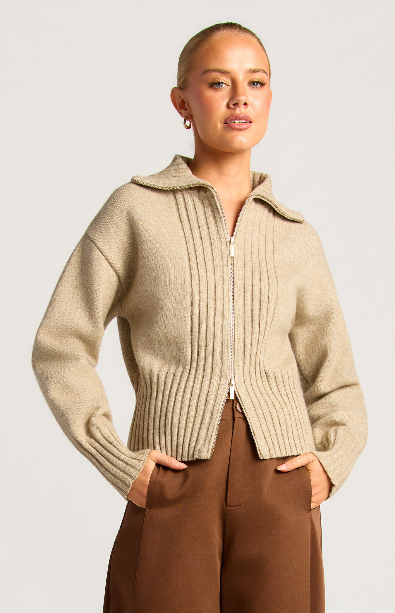 Contrast Ribbed Two Way Zip Knit Top (WKN882)