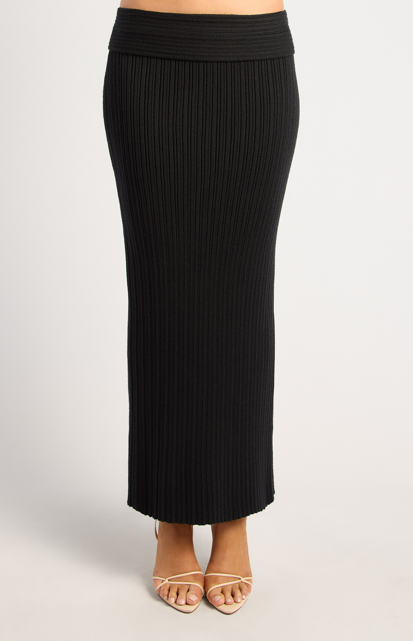 Textured Rib Rolled Waistband Knit Maxi Skirt (WKN886)