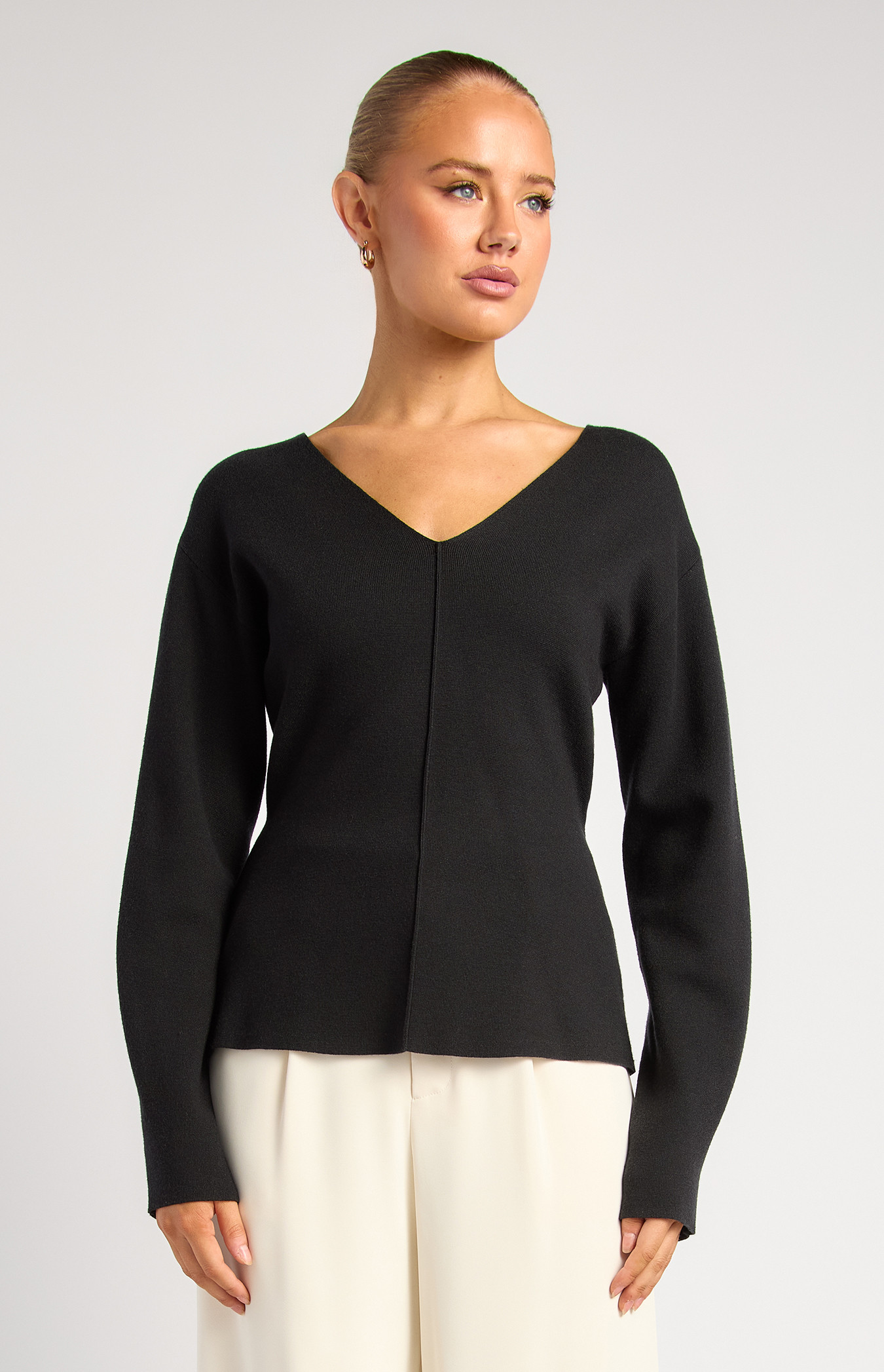 Barrel Sleeves Front Seam Detail With Back Waist Tie Knit Top (WKN889)