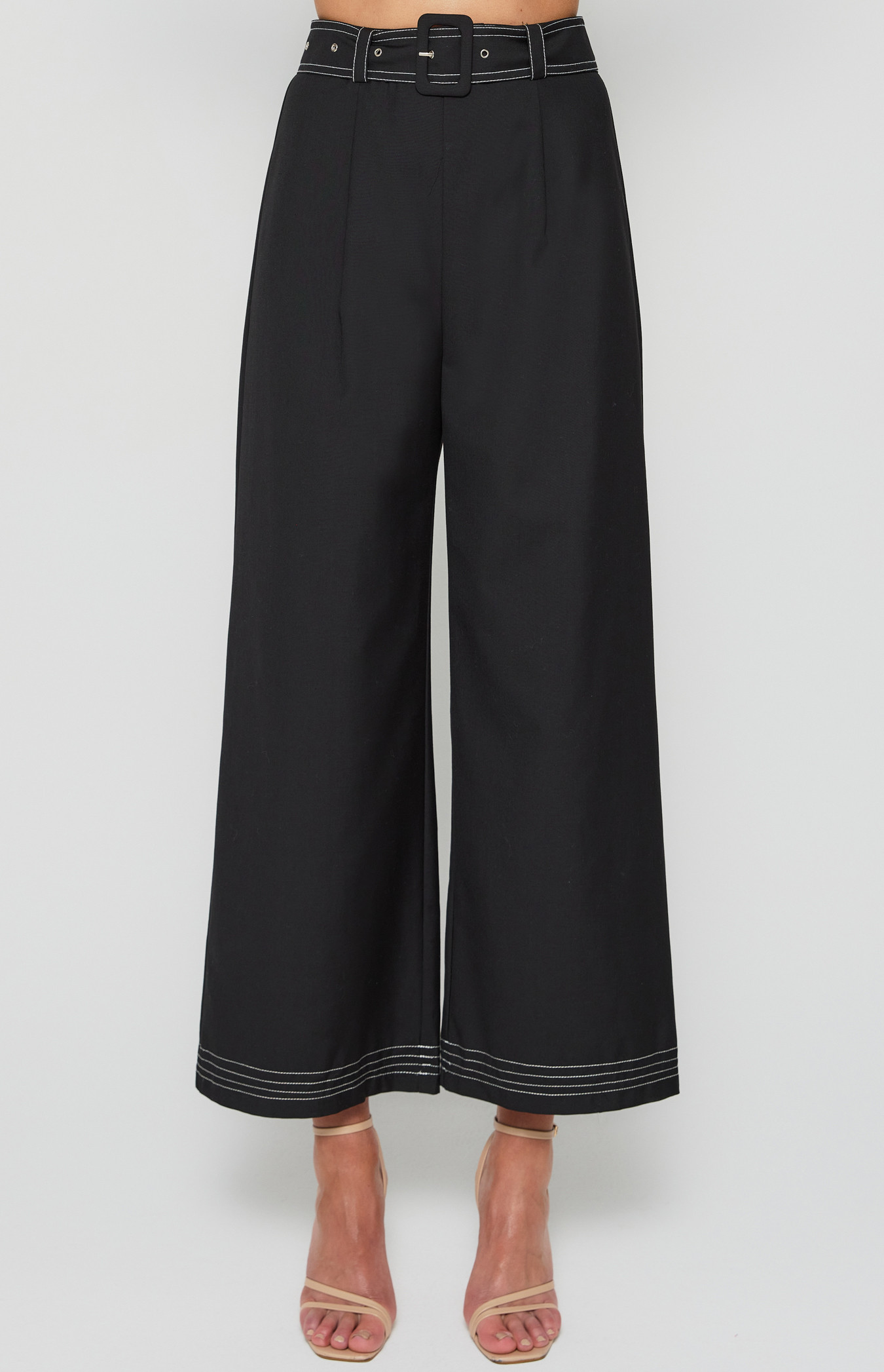 Contrast Stitching Wide Leg Pants with Belt Buckle (WPA256A)