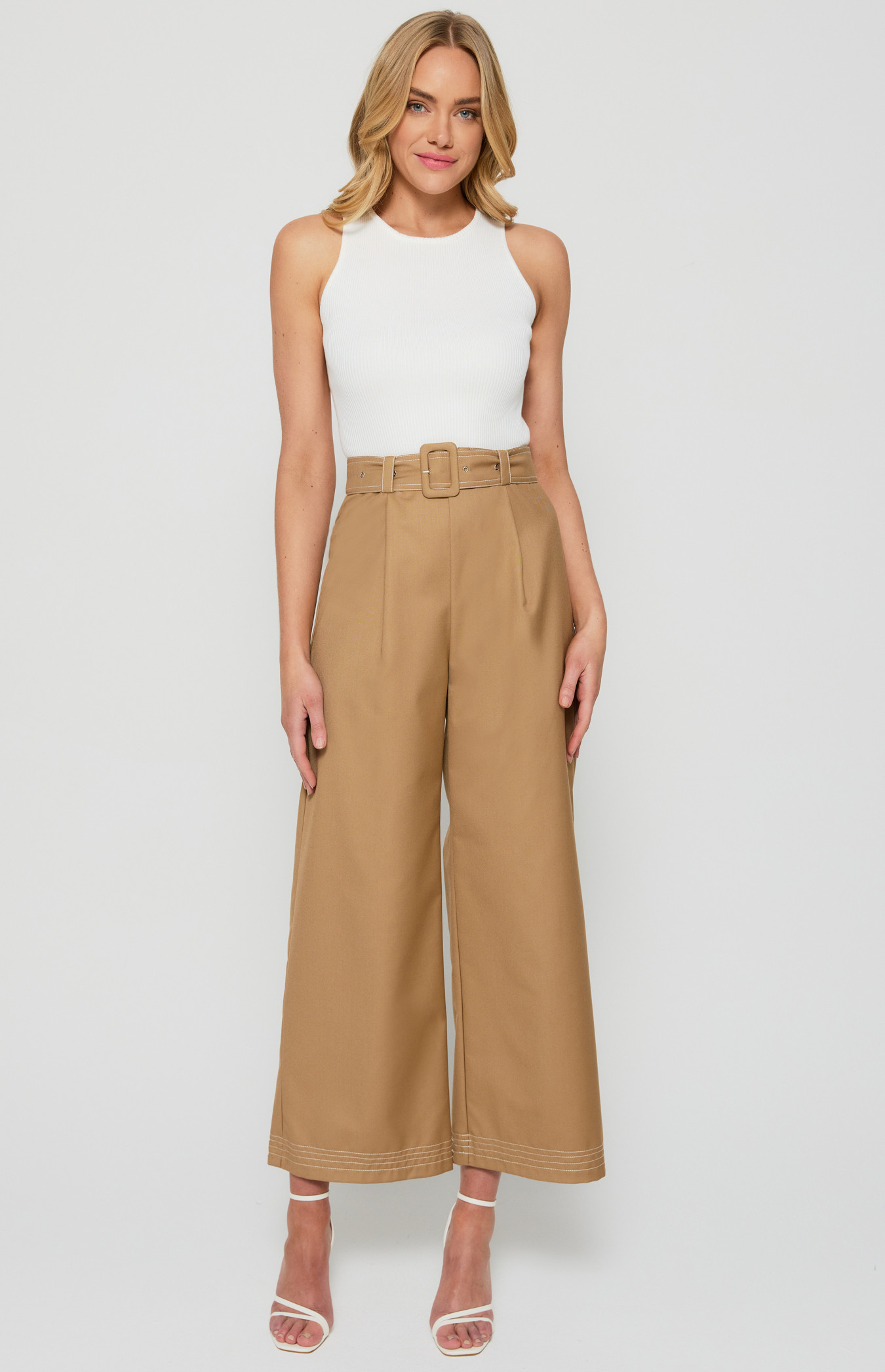 Contrast Stitching Wide Leg Pants with Belt Buckle (WPA256A)