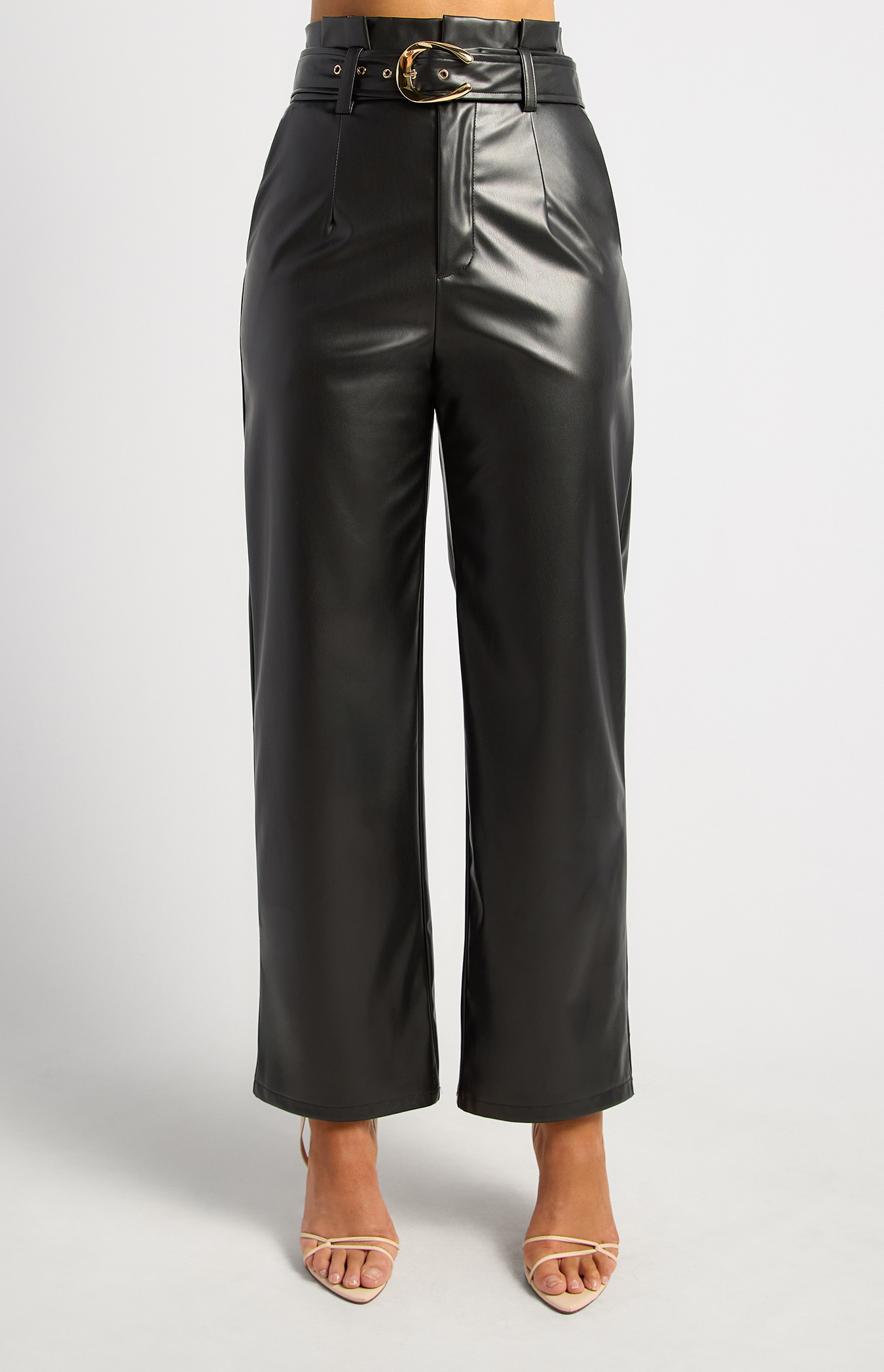 Pleat Waist Faux Leather Pants With Gold Buckle (WPA350B)