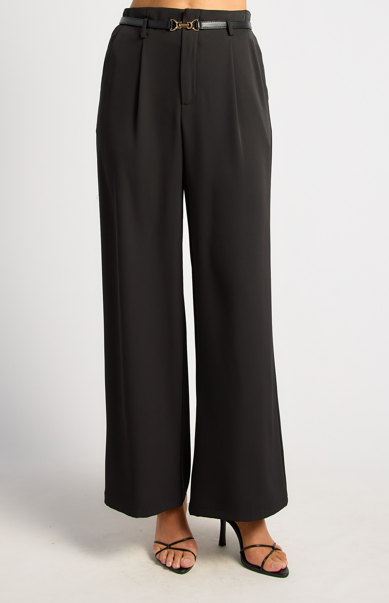 Wide Leg Pants With Faux Leather Belt Detail (WPA353B)