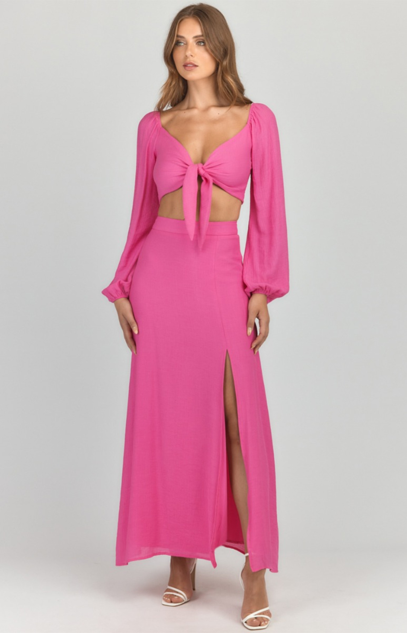 Solid Split Front Tie Skirt Set