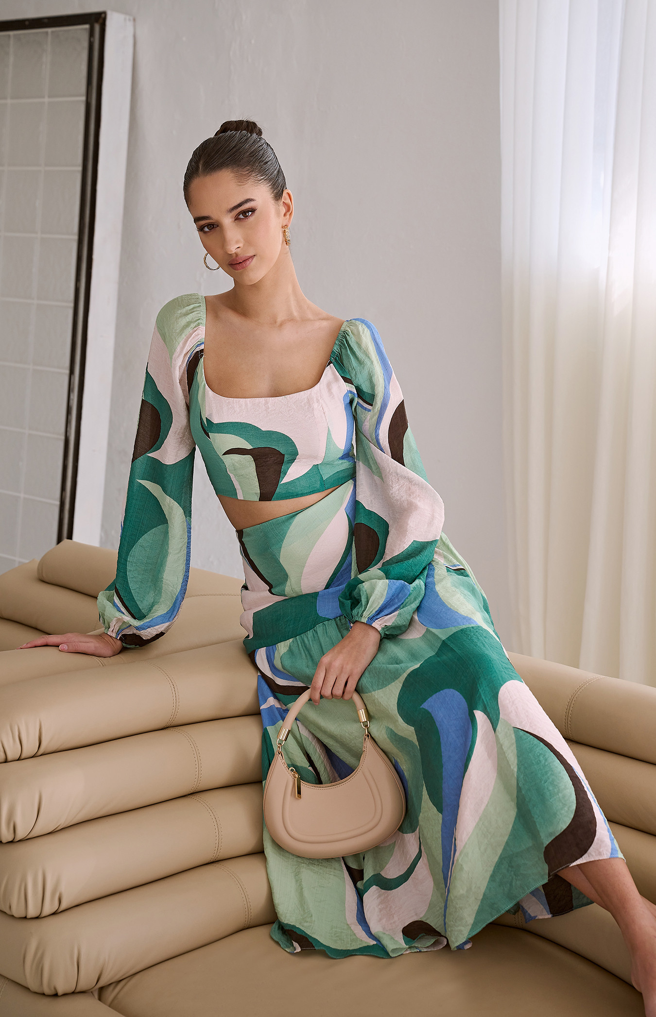Abstract Printed Set with Top and Curved Seam Skirt (WSE300B)