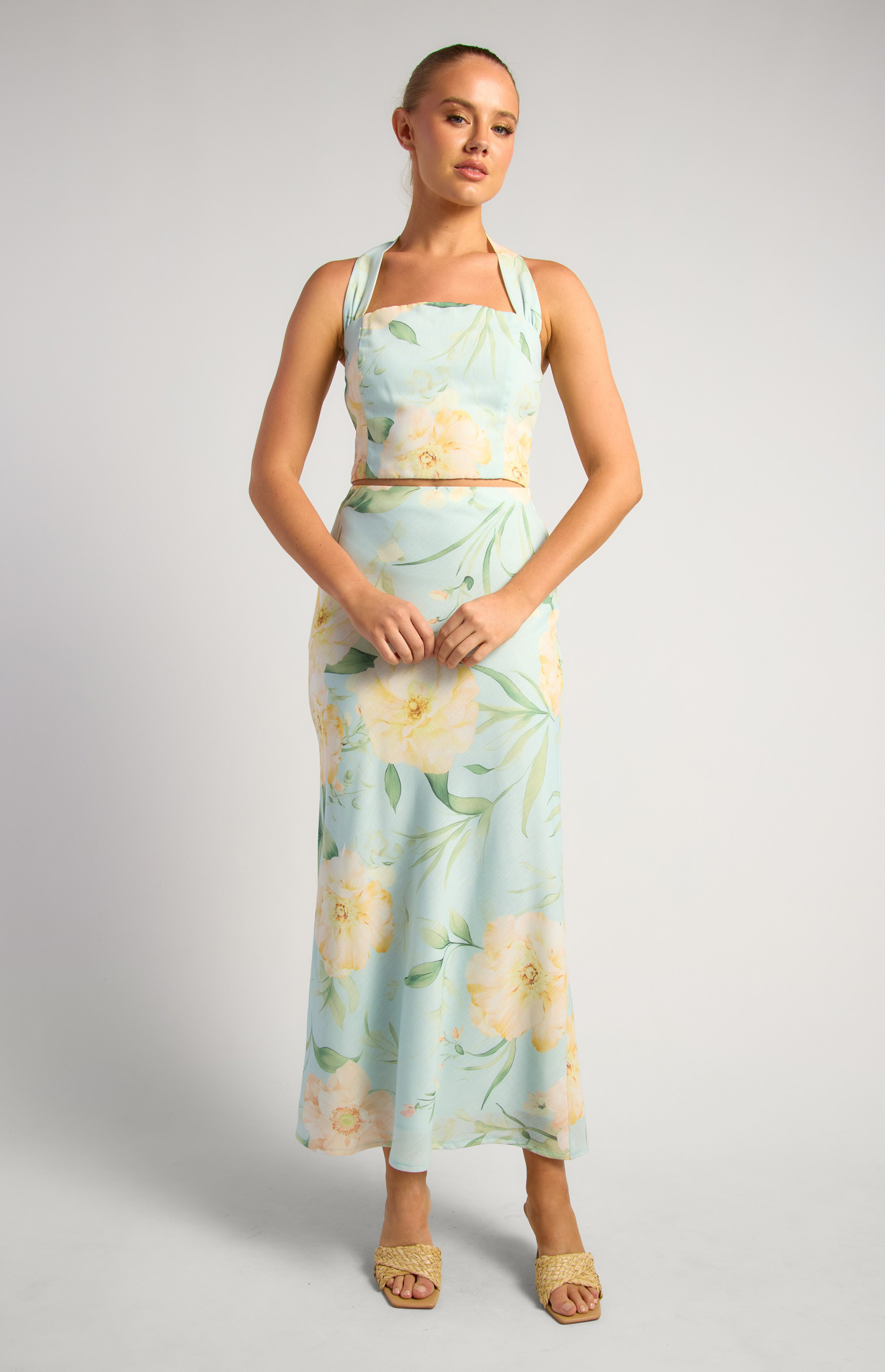 Faux Linen Floral Set With Halter Top And Maxi Skirt (WSE406B)
