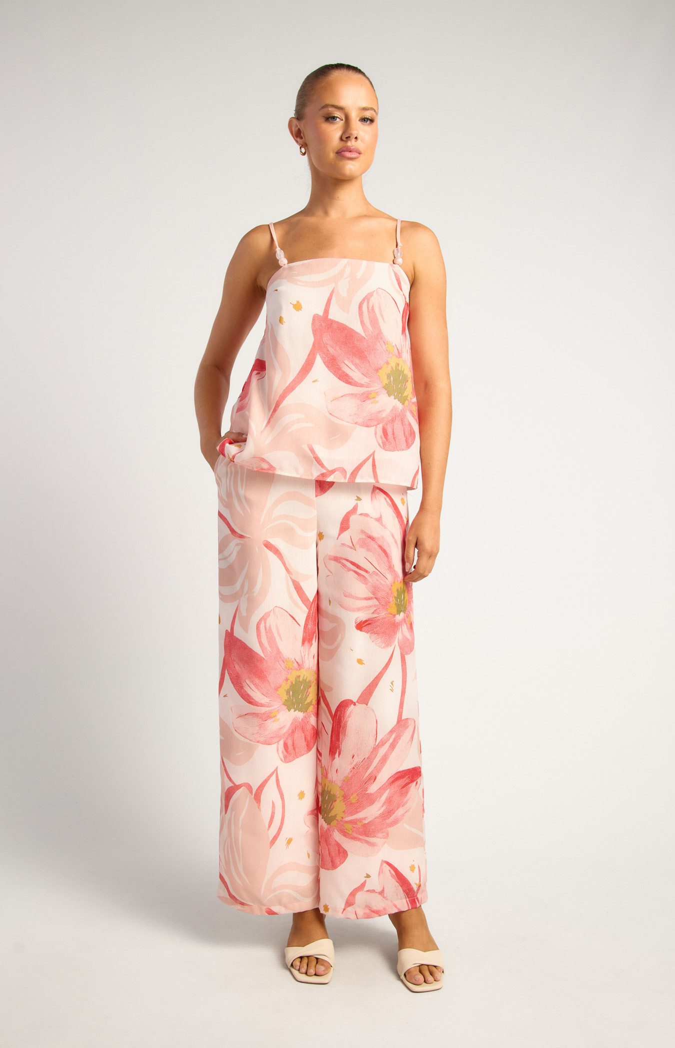 Faux Linen Beaded Floral Print Top And Pants Set (WSE407B)