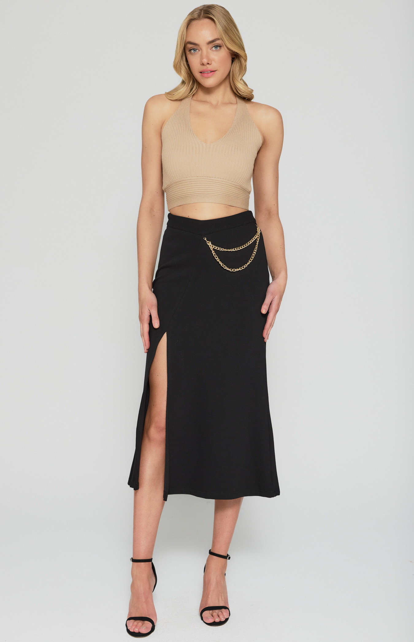 Chain Detail Stretch Fabric Midi Skirt with Split (WSK242B)