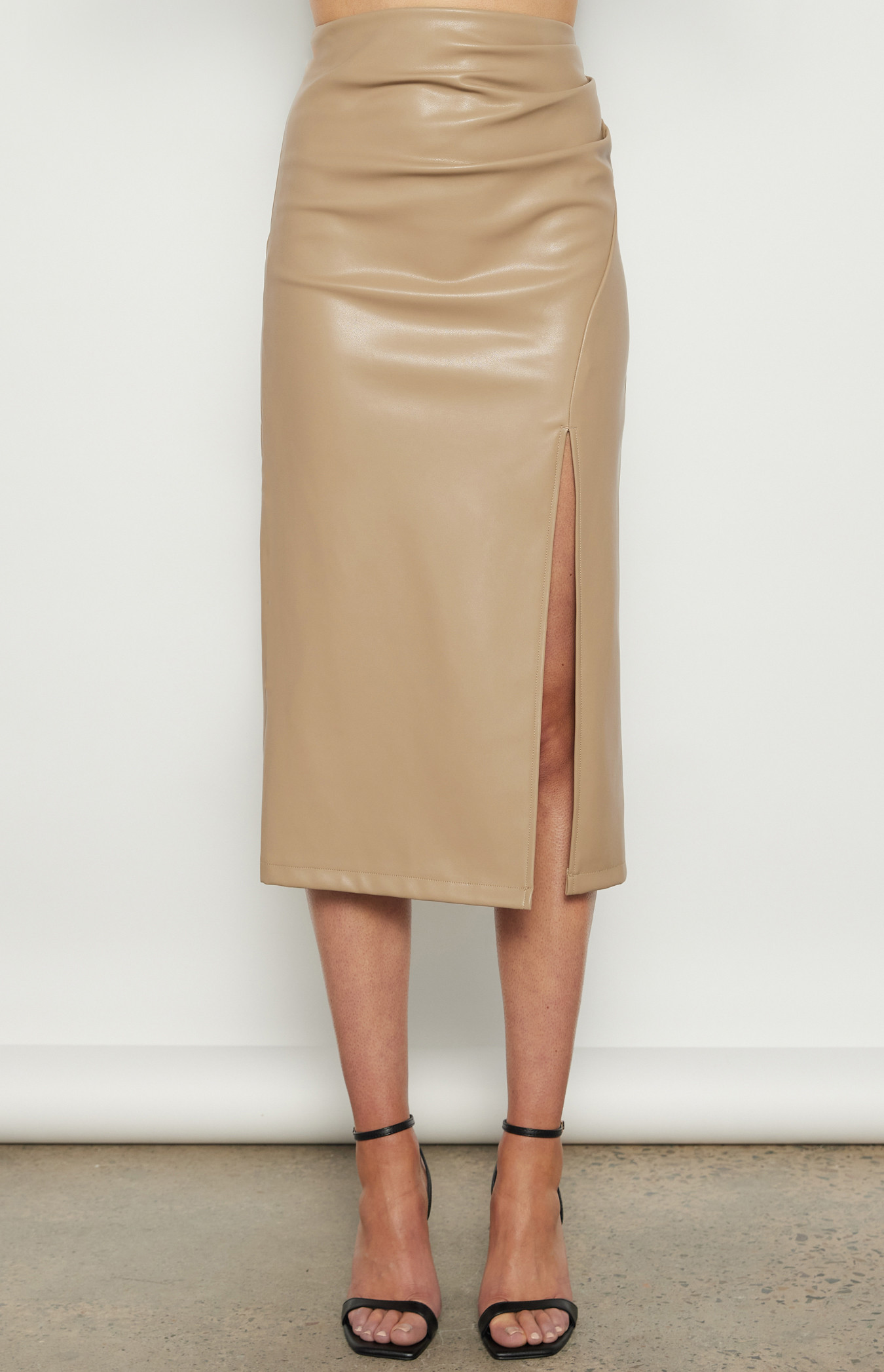 Faux Leather Skirt with Side Pleated Detail and Split Detail (WSK247B)