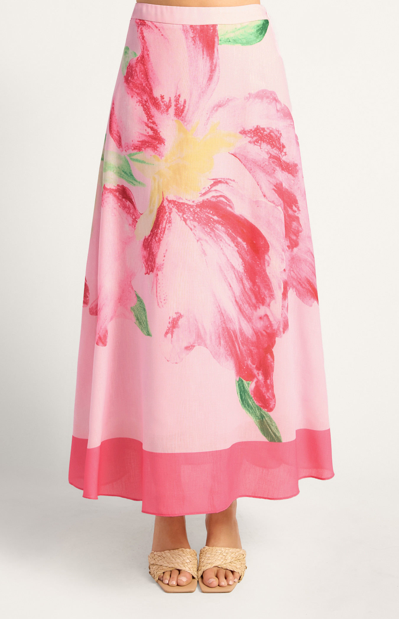 Tropical Floral Print Faux Linen Skirt (WSK275B)