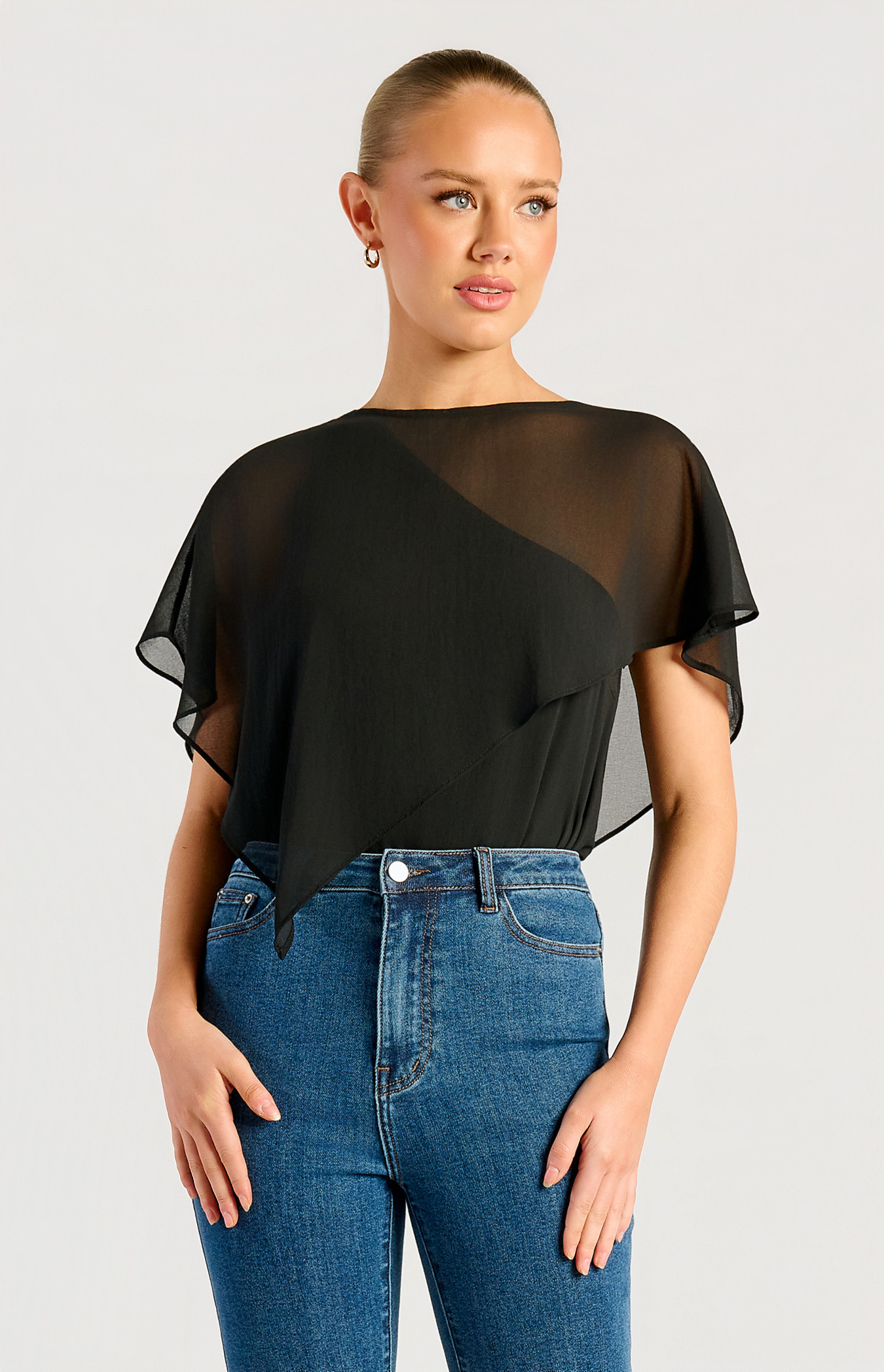 Chiffon Cape Detail One Shoulder Top (WTO887B)