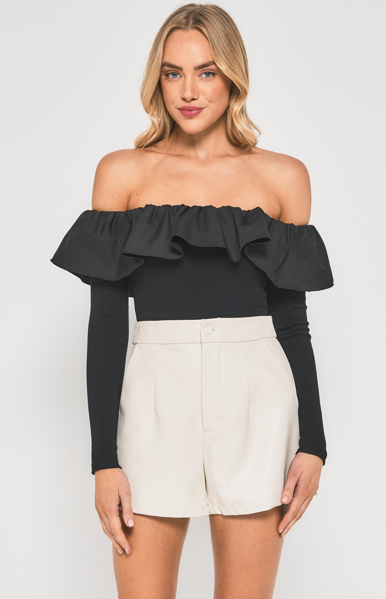 Off the Shoulder Contrast Fabric Frill Neckline Top (WTO472A)