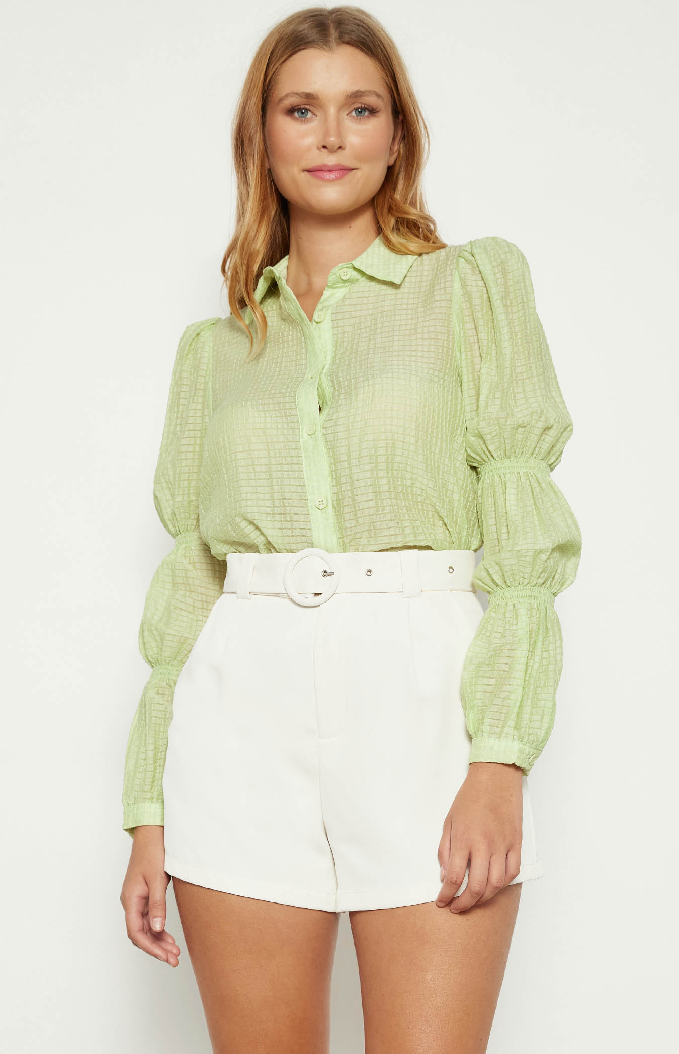Textured Button Up Shirt with Tiered Bubble Sleeves (WTO483B)