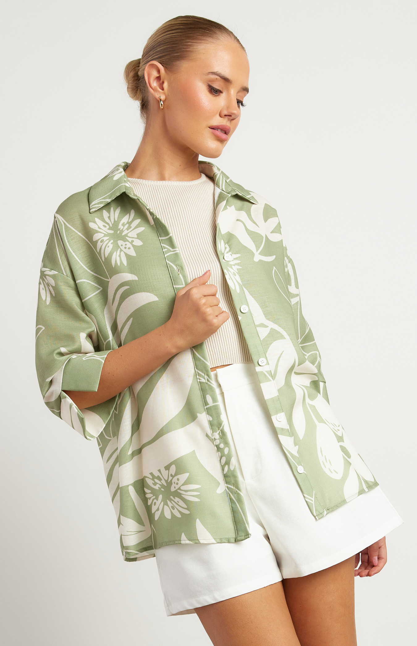 Faux Linen Abstract Printed Button Up Shirt (WTO536B)