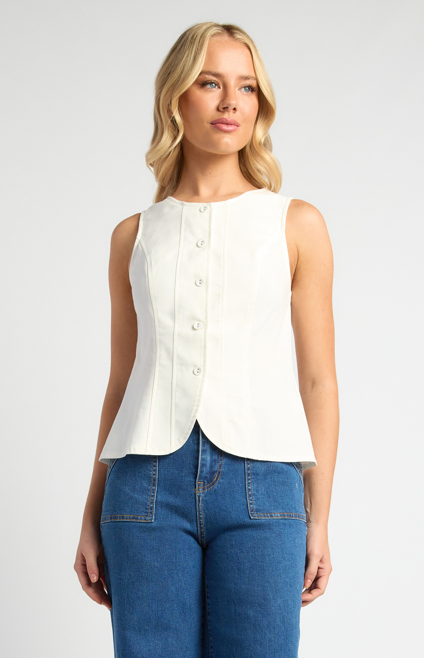 Cotton Linen Button Up Vest Top with Curved Hem (WTO610A)