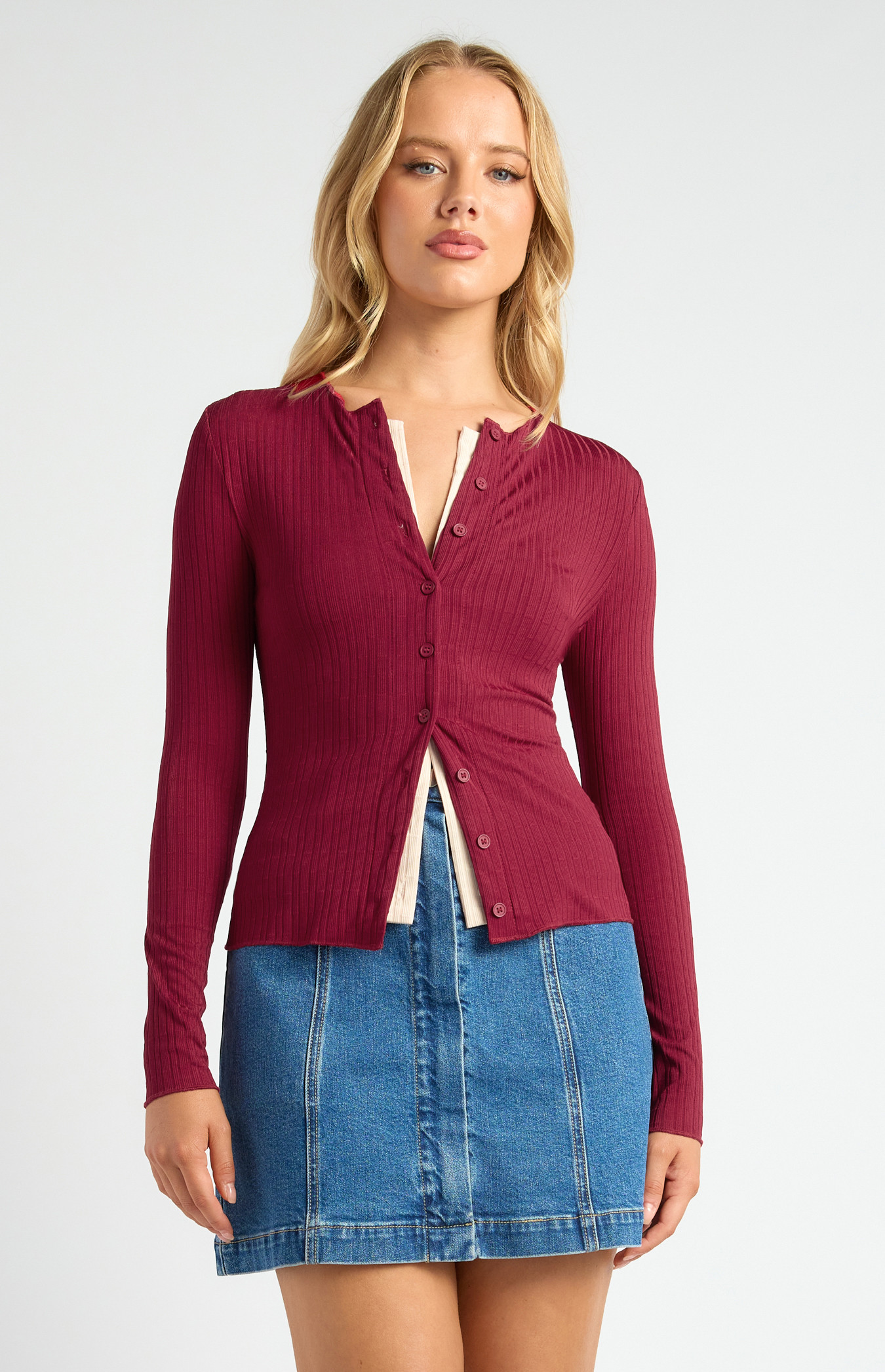 Contrast Detail Button up Textured Jersey Top (WTO643B)