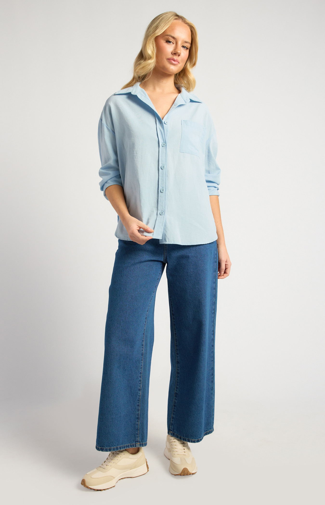 Cotton Blend Oversized Button Up Shirt With Pocket Detail (WTO654B)