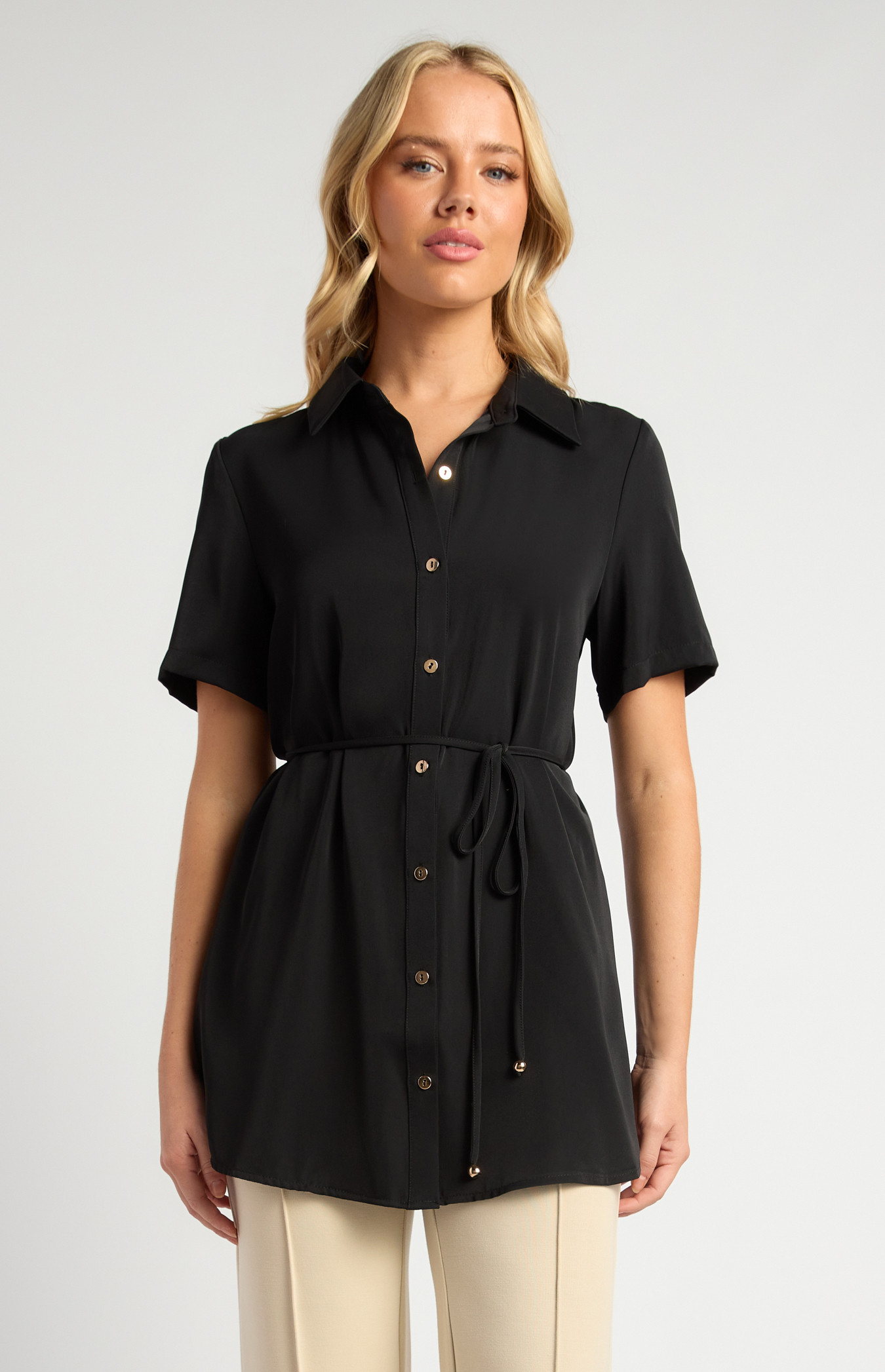 Gold Buttoned Short Sleeve Shirt With Thin Belt And Toggles (WTO679B)